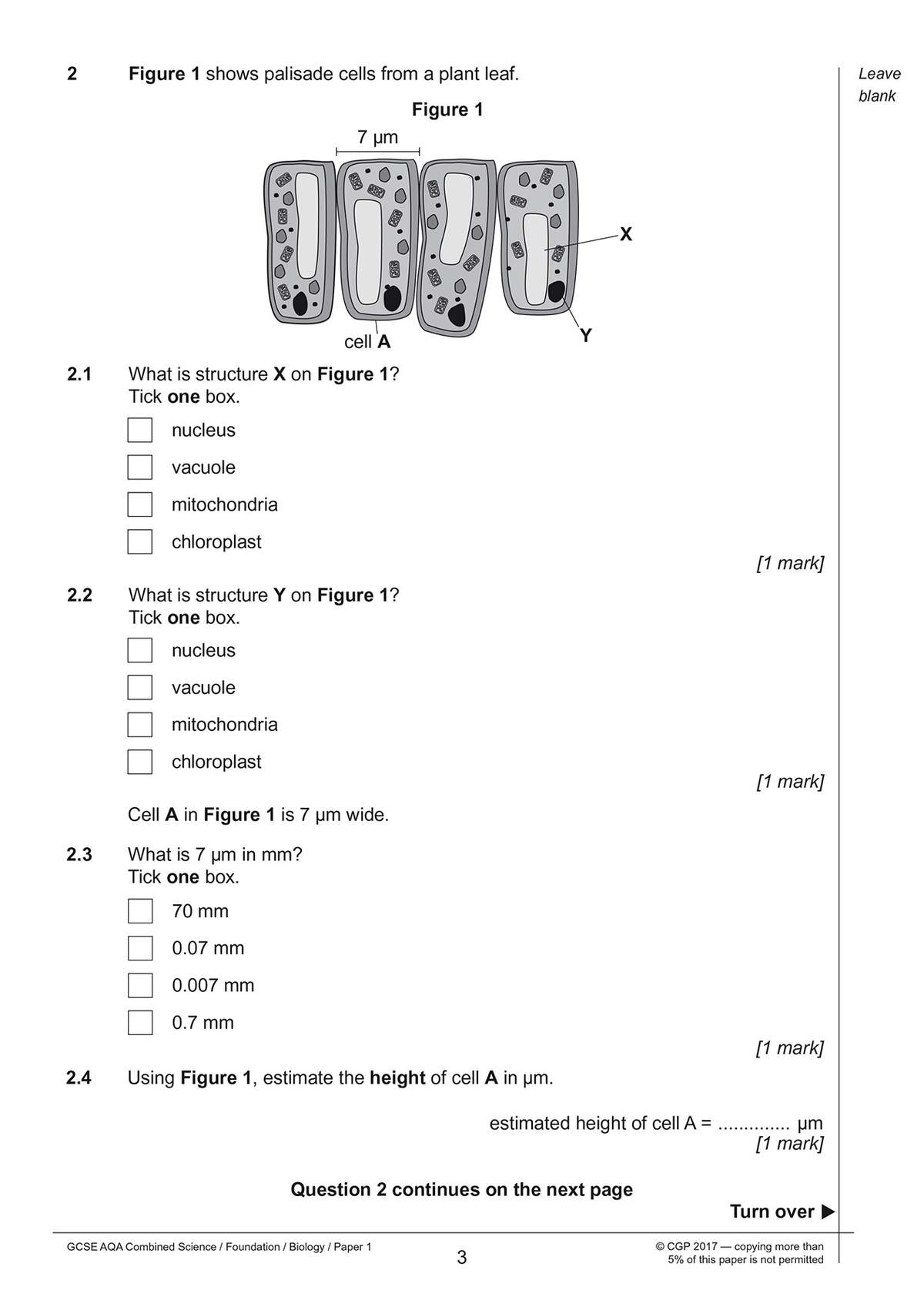A biology question page asks students to identify cell parts from a diagram and convert units, building exam technique