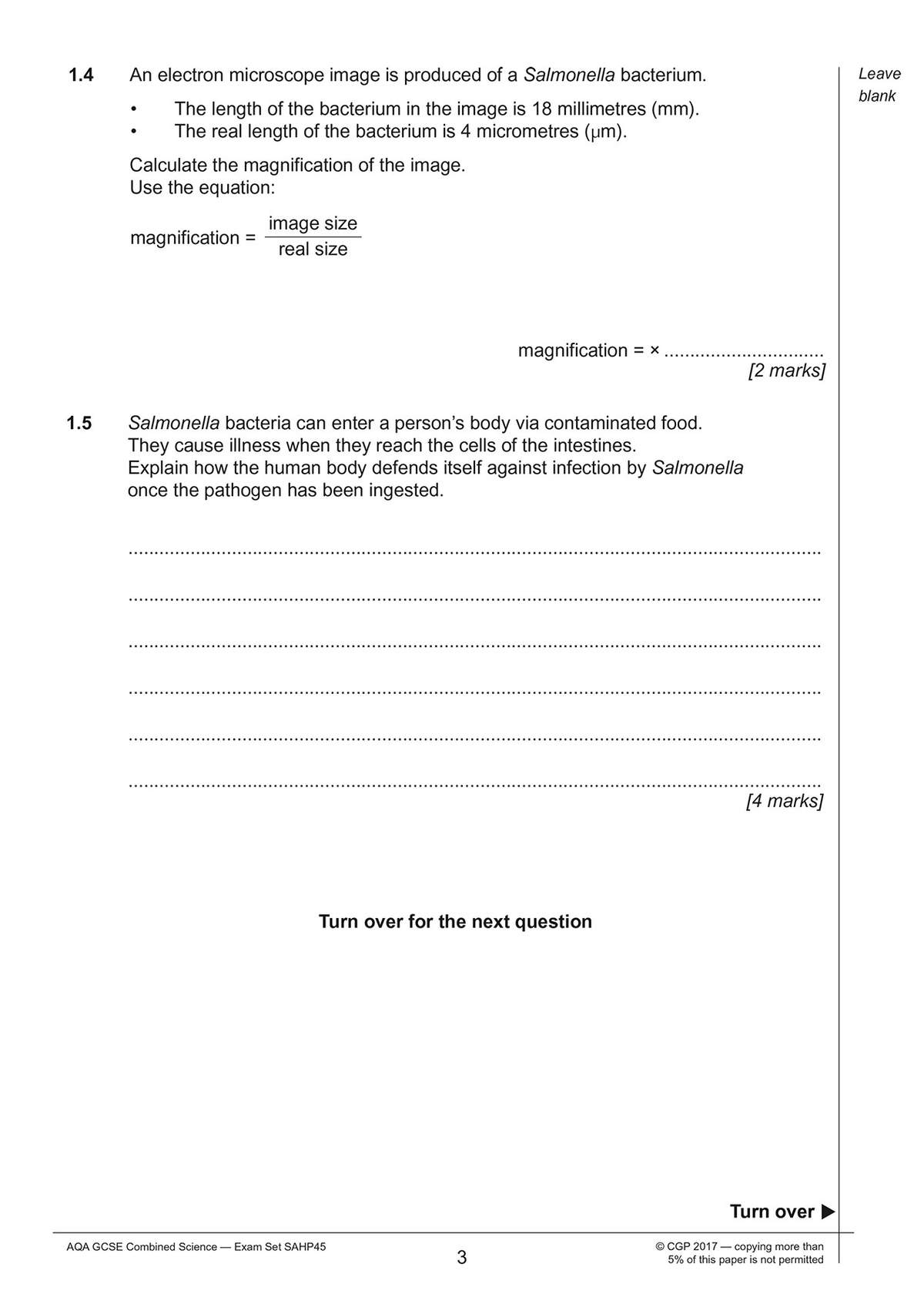 Two science questions on magnification and immunity, with a calculation task and a four-mark explanation