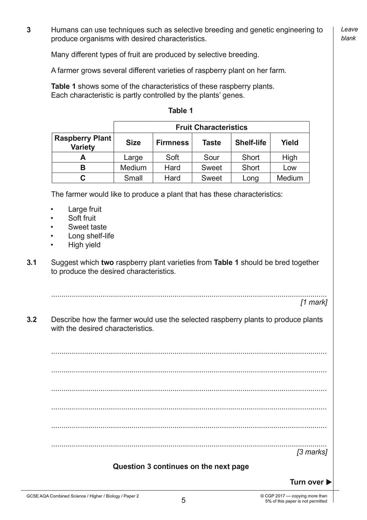 A science question on selective breeding, requiring students to analyse a data table and describe a breeding strategy