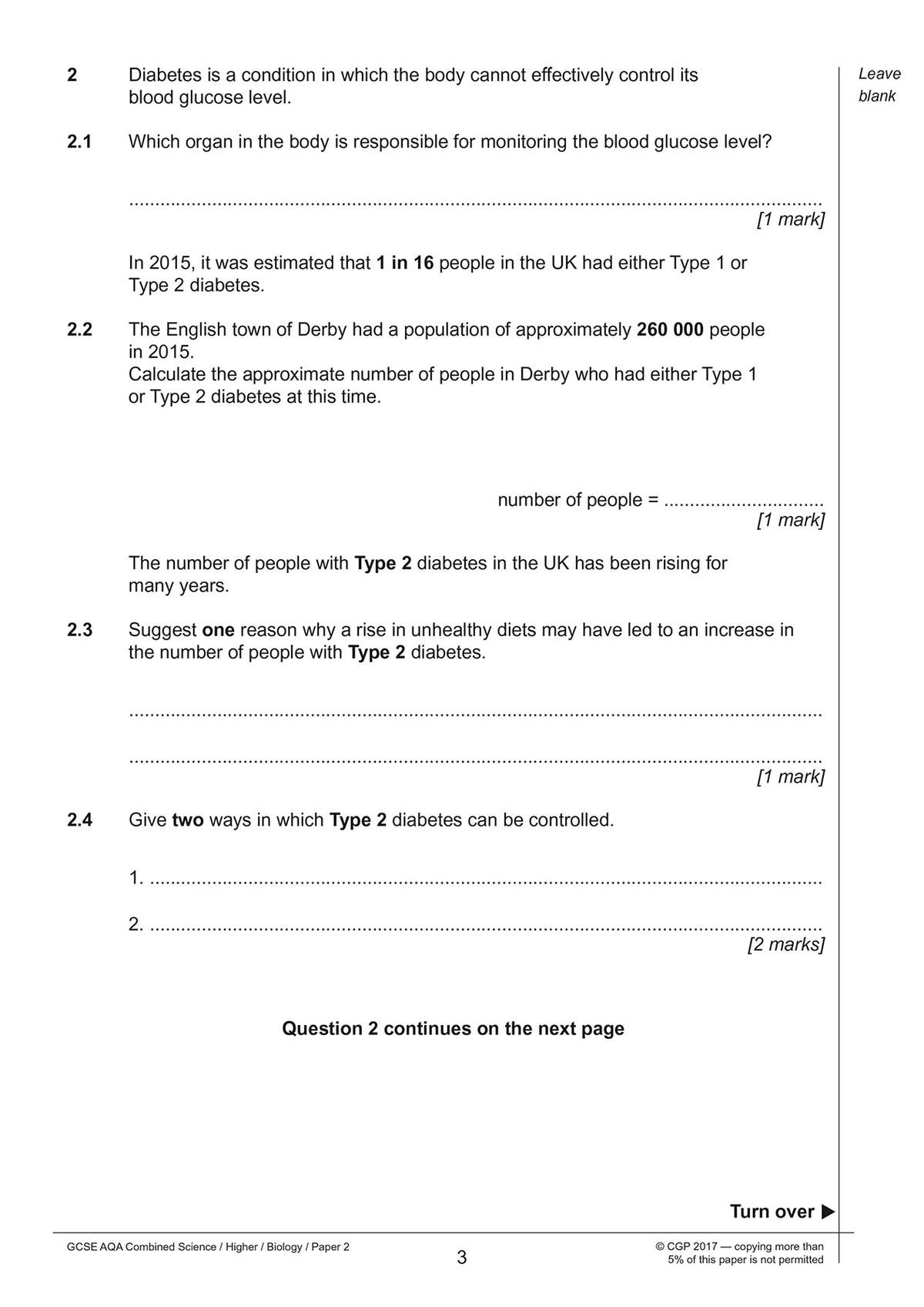 Students answer four short questions on diabetes, including a calculation based on population data and a mark scheme for each