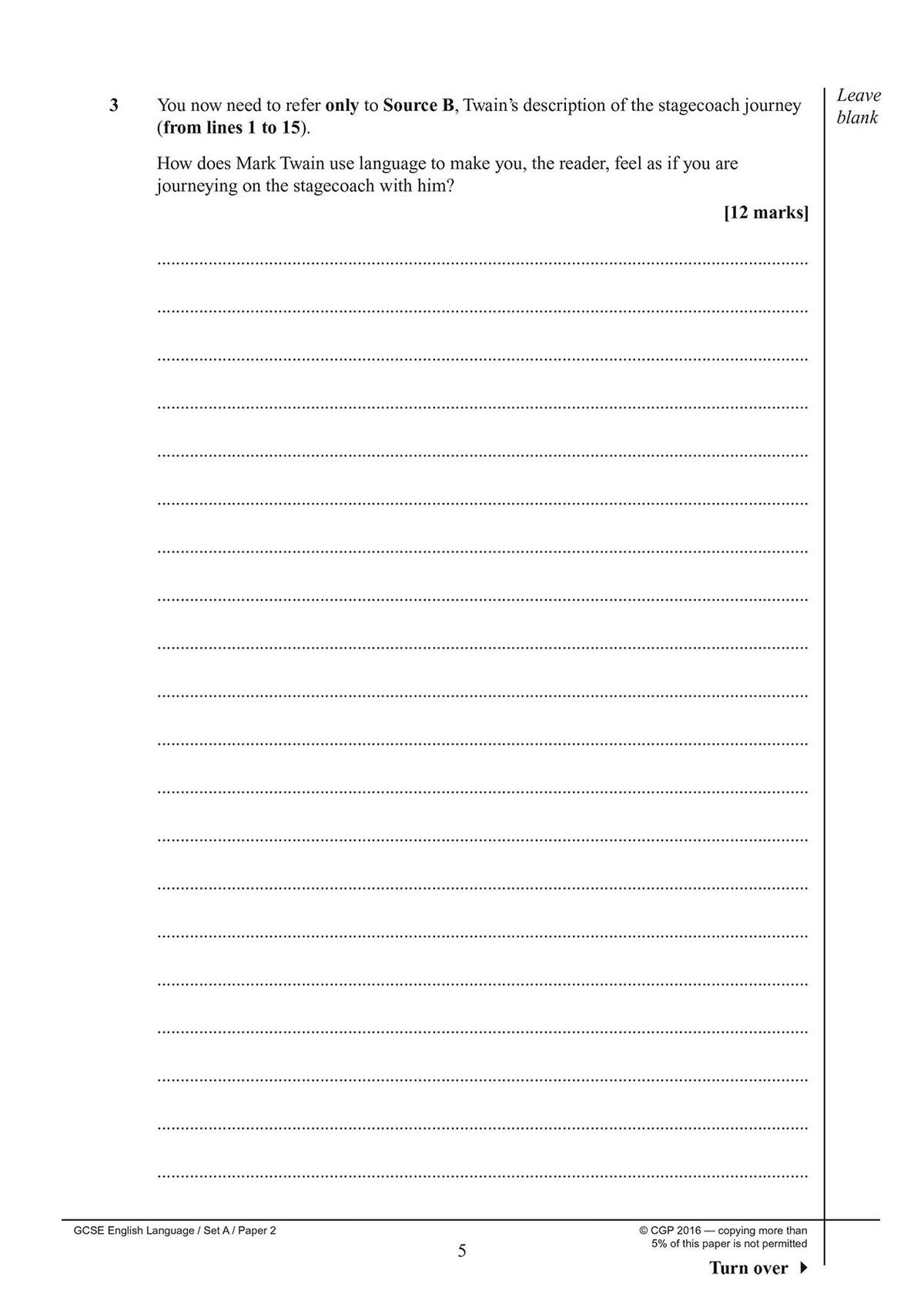 A short-answer question on Mark Twain's writing style, requiring a 12-mark written response based on Source B