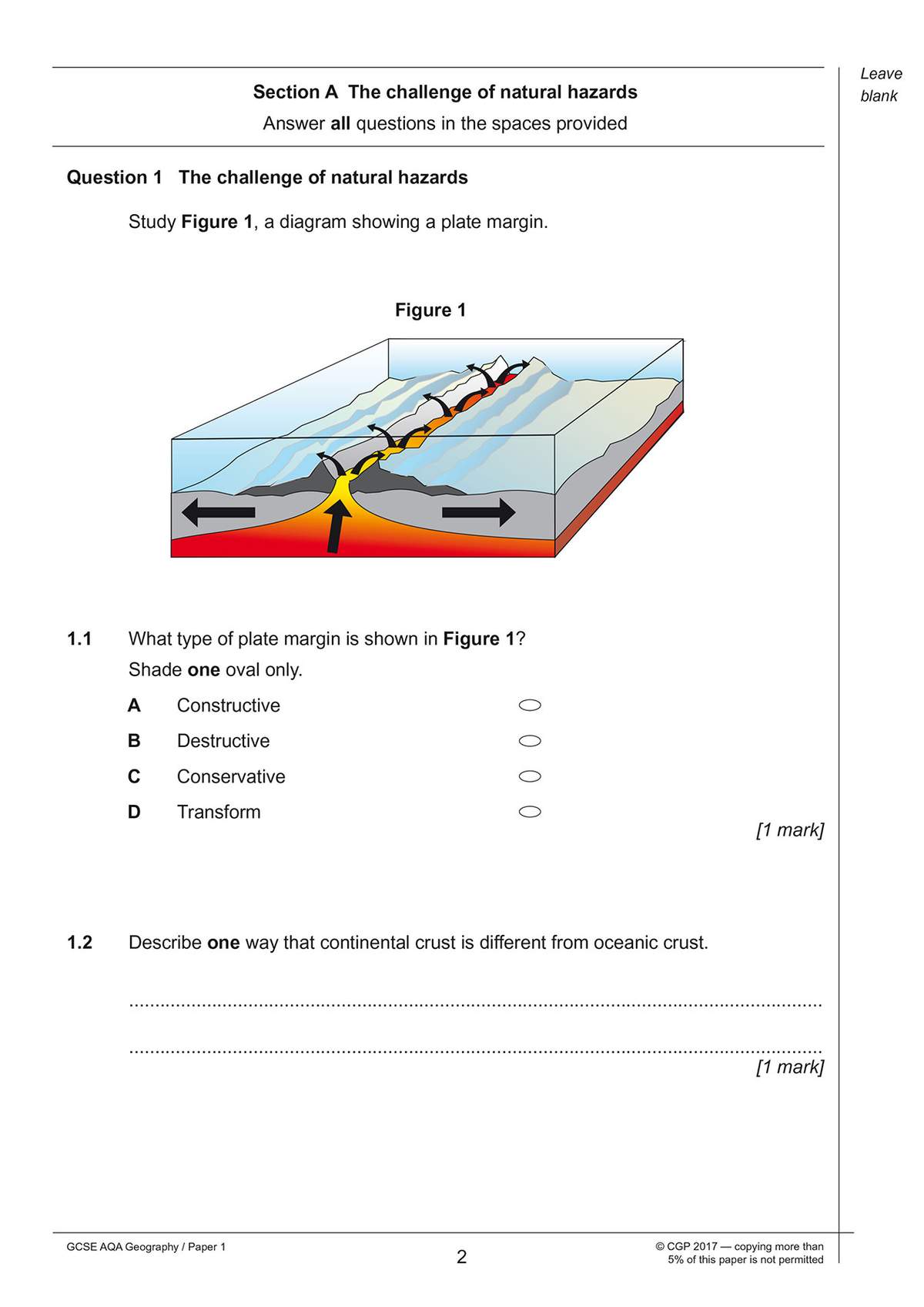 A geography question page asks students to identify a plate margin type from a diagram and describe differences between