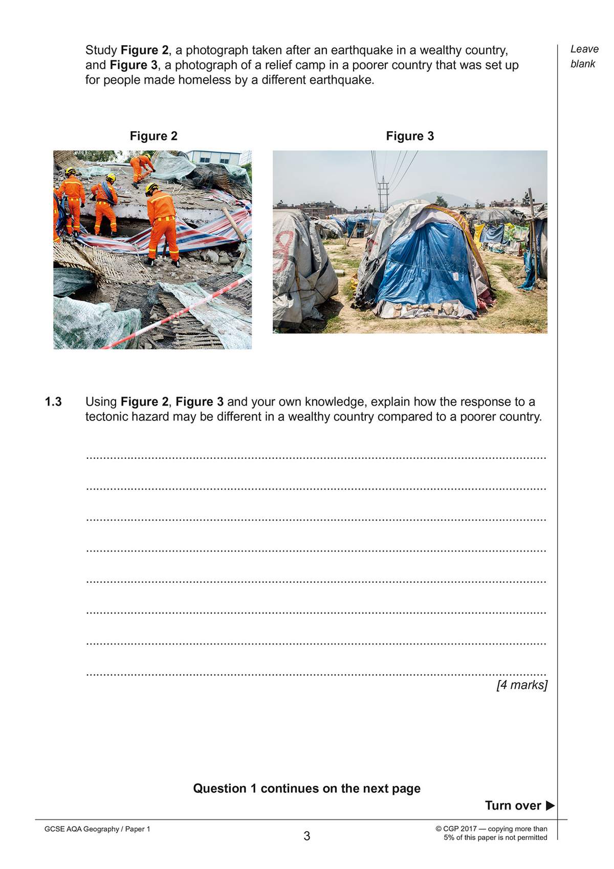 A question asks students to explain differences in earthquake response using two photographs of a wealthy and poorer country