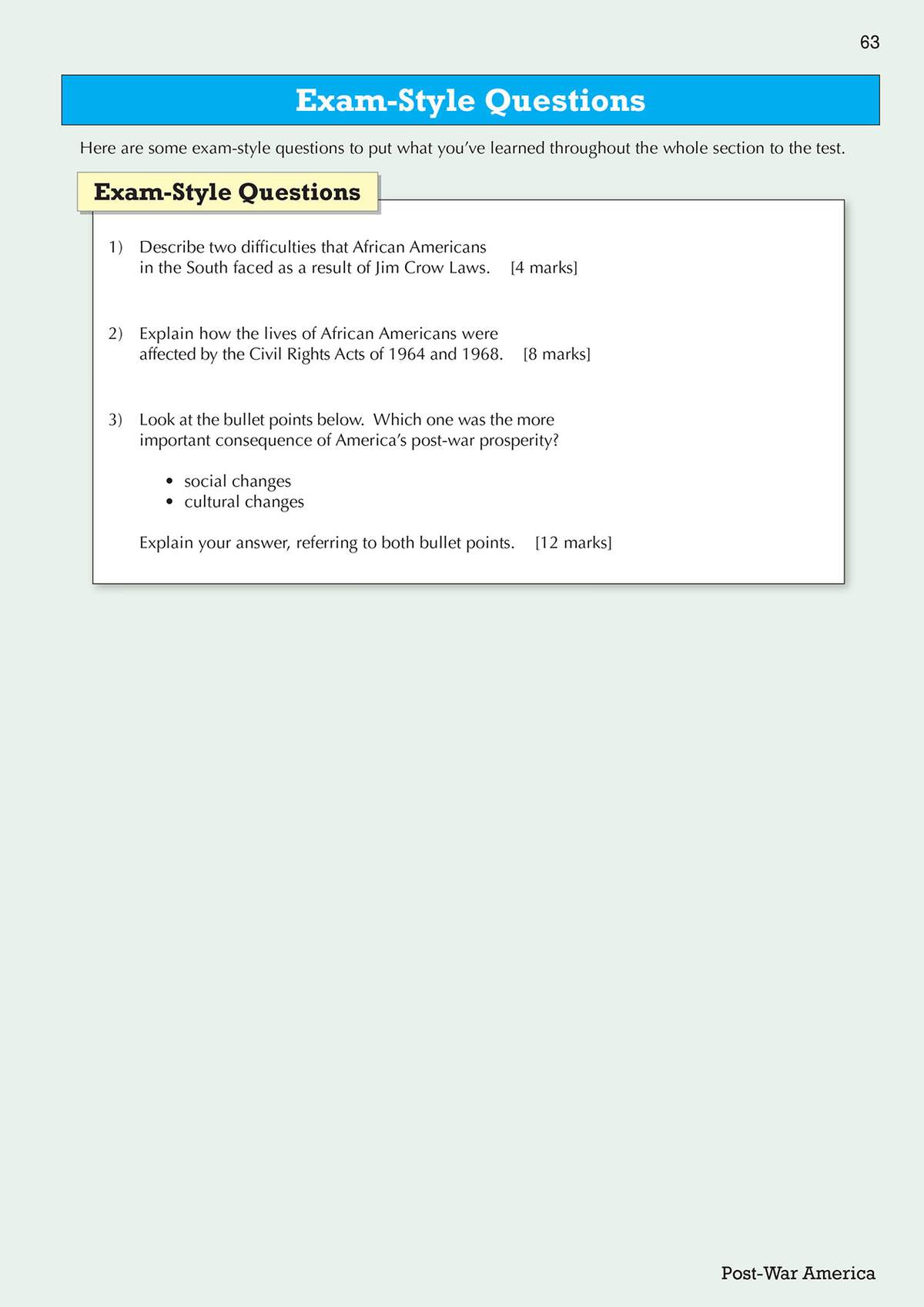 Three exam-style questions on African Americans and post-war America, requiring short written answers to test understanding