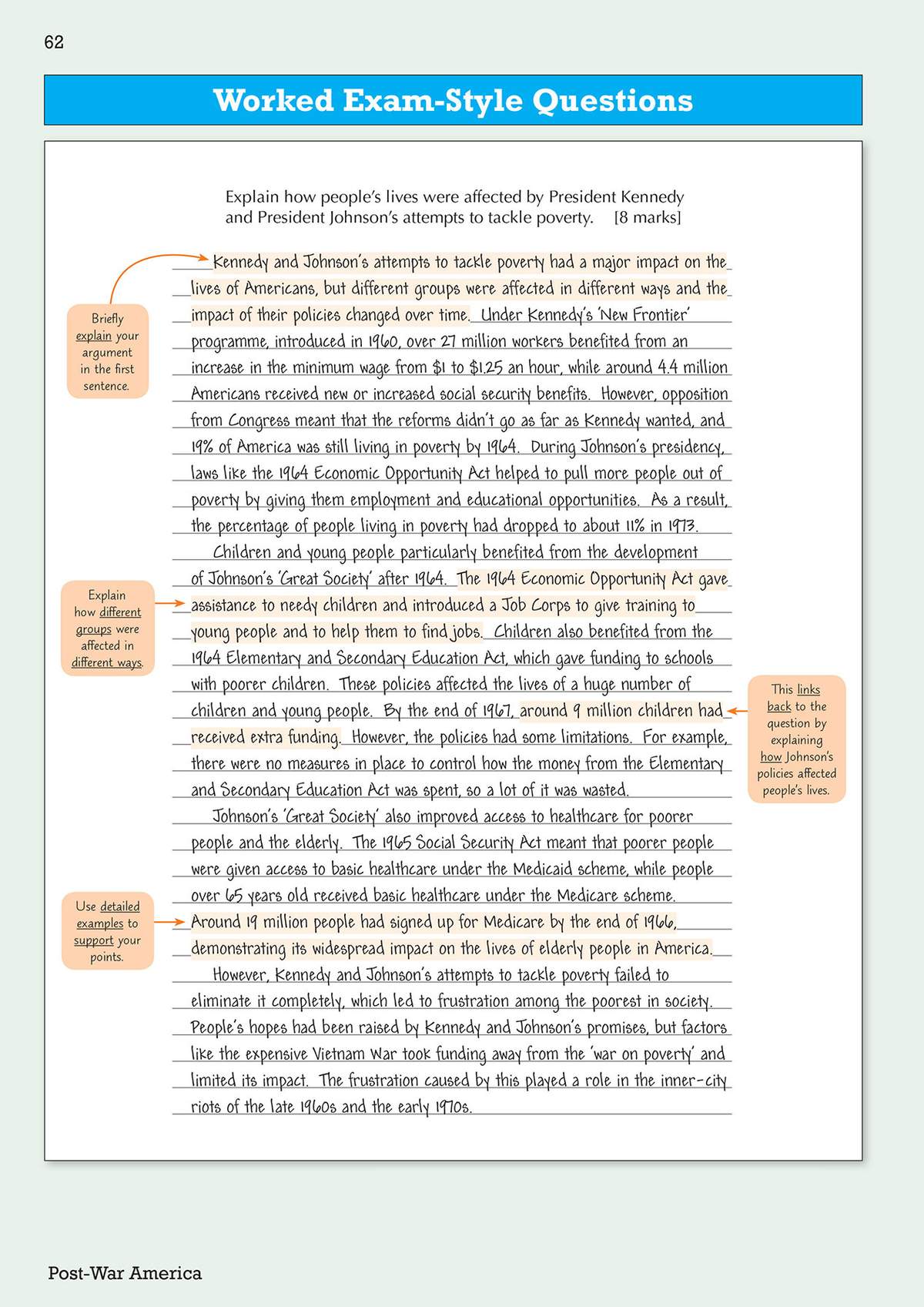 A full model answer for an 8-mark essay question on US poverty policies, with tips on how to structure the argument
