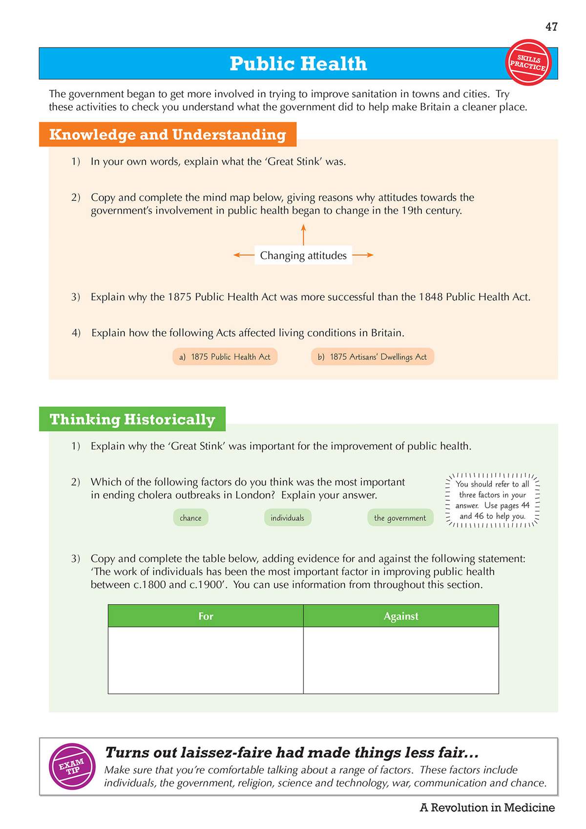 Students explain the Great Stink and compare Public Health Acts, then complete a table to evaluate factors in improving
