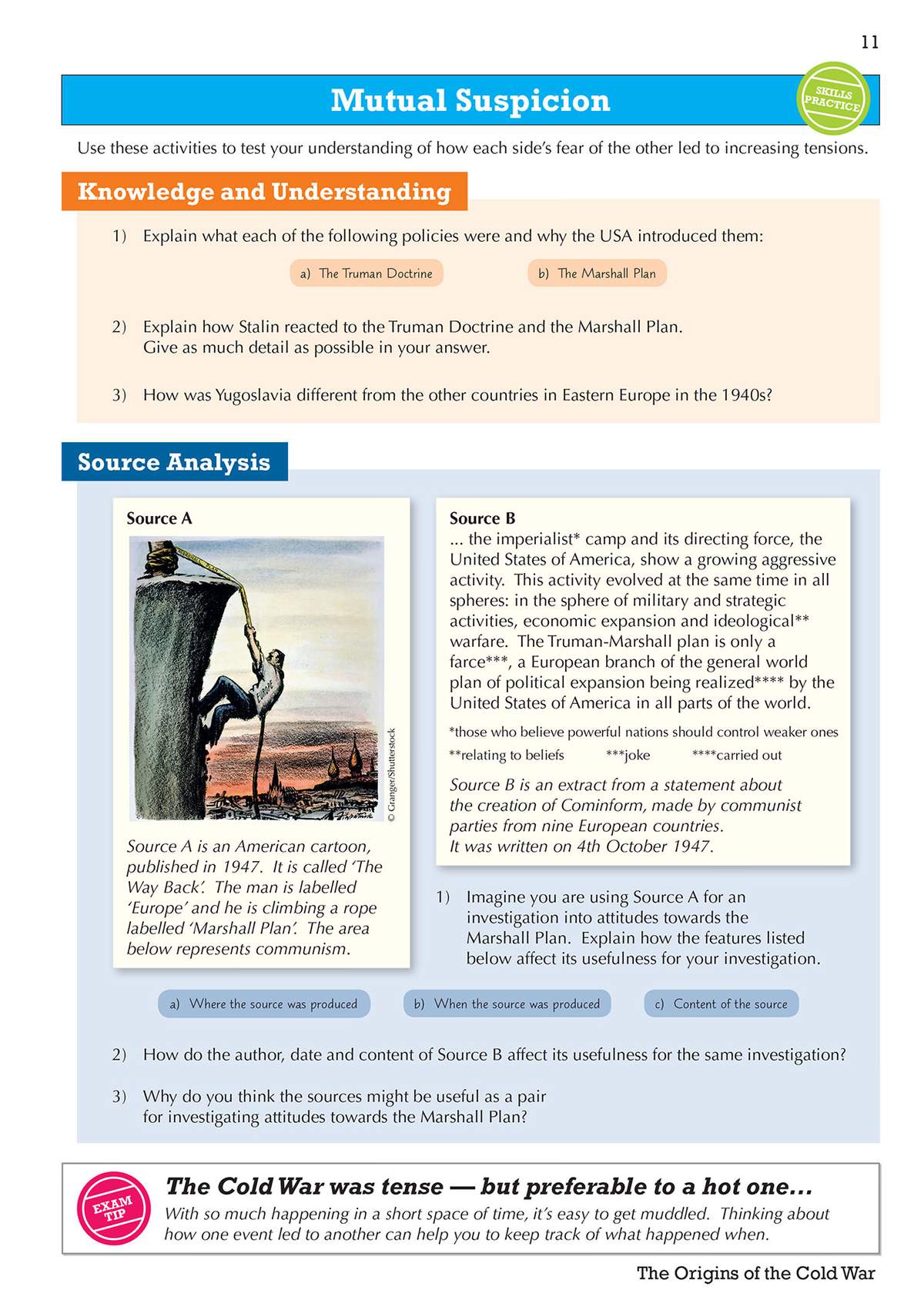 Students analyze a cartoon and a text extract about the Marshall Plan, then answer questions to explain their usefulness as