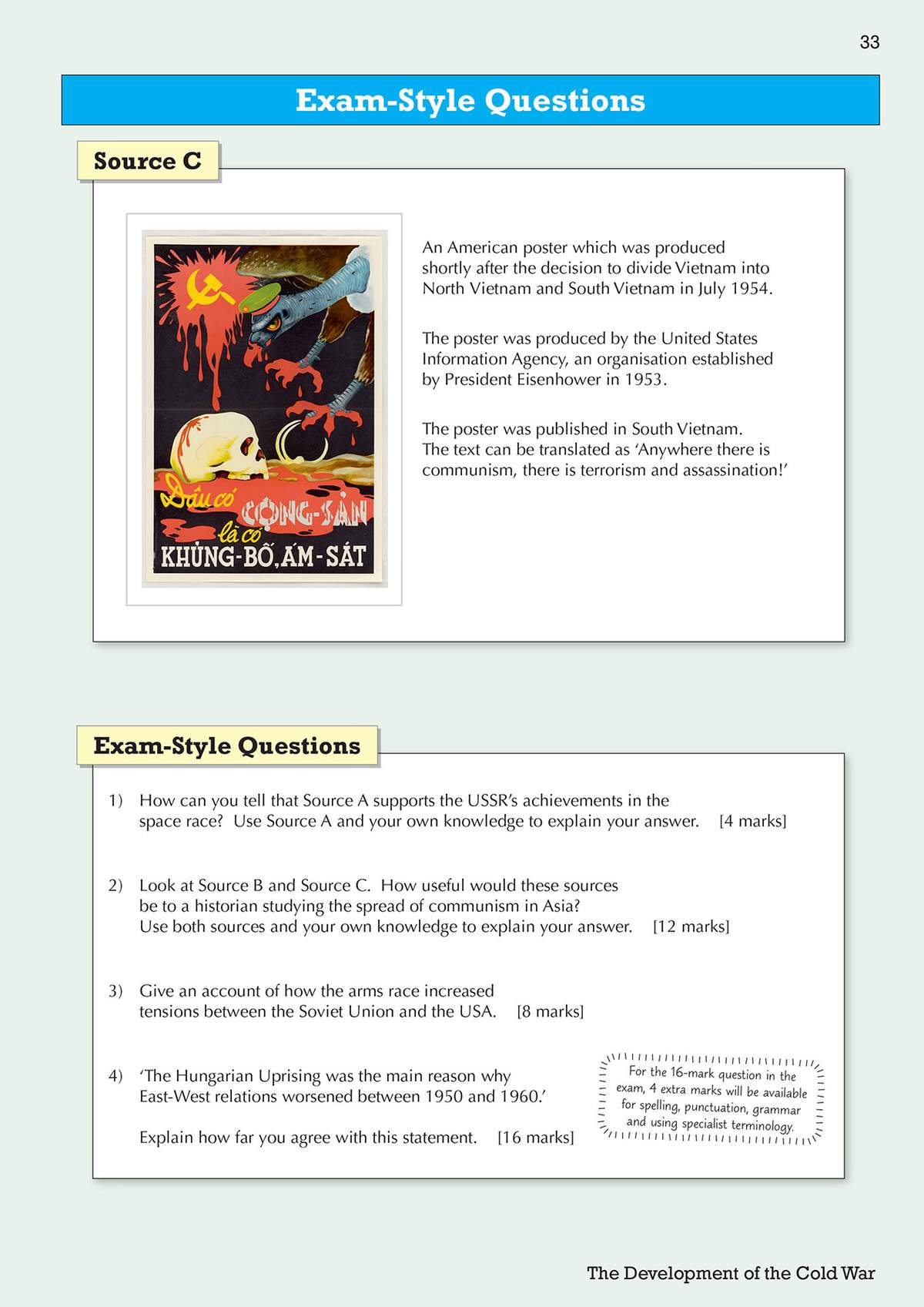 Four exam-style questions on the Cold War, including source analysis and a 16-mark essay on East-West relations