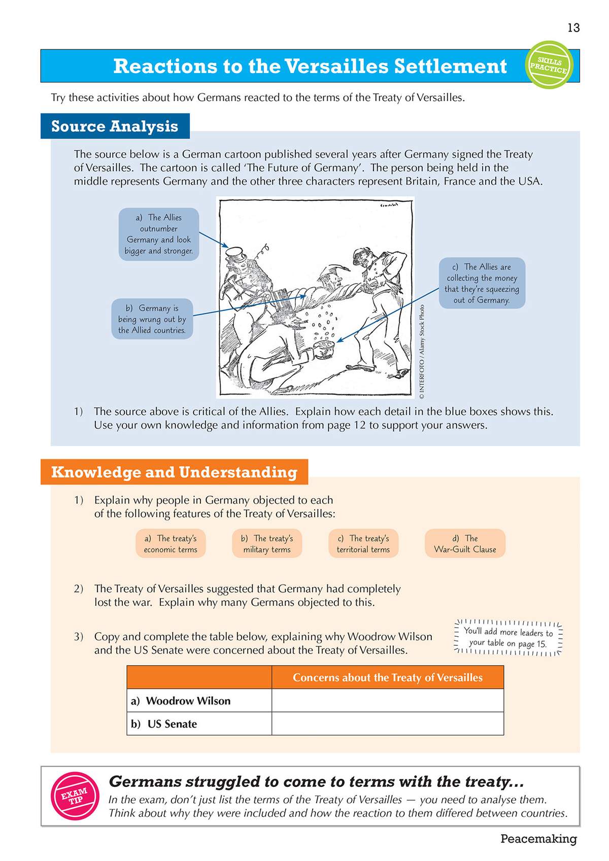 Students analyse a cartoon of the Treaty of Versailles, then explain objections to its terms and complete a table on US