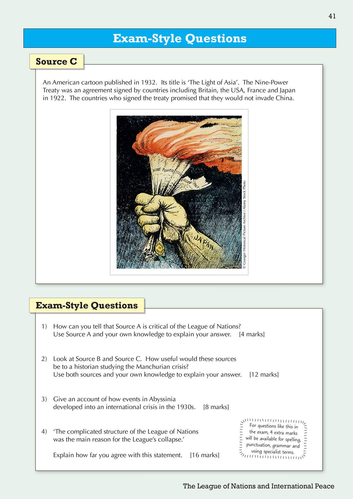 Four exam-style questions require pupils to analyse a cartoon source and write extended answers on the League of Nations