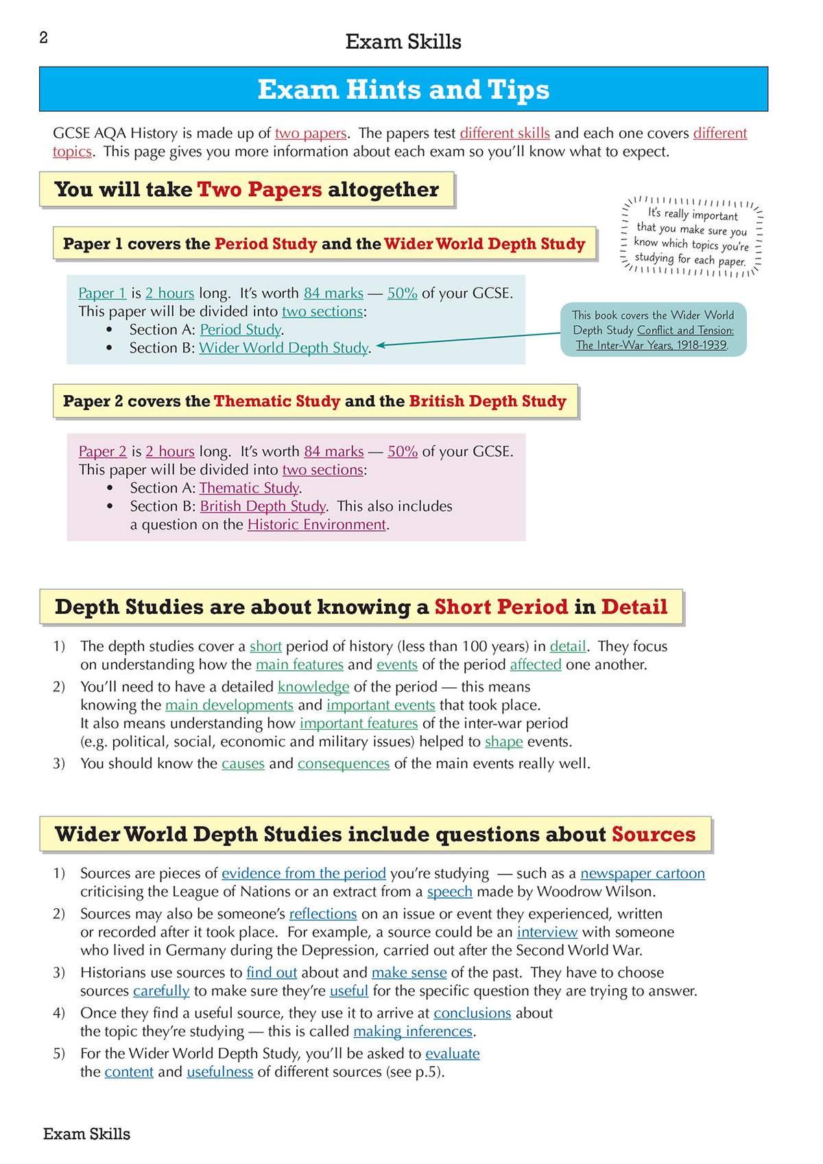 Clear notes explain the two AQA GCSE History papers, their sections, and what depth studies require