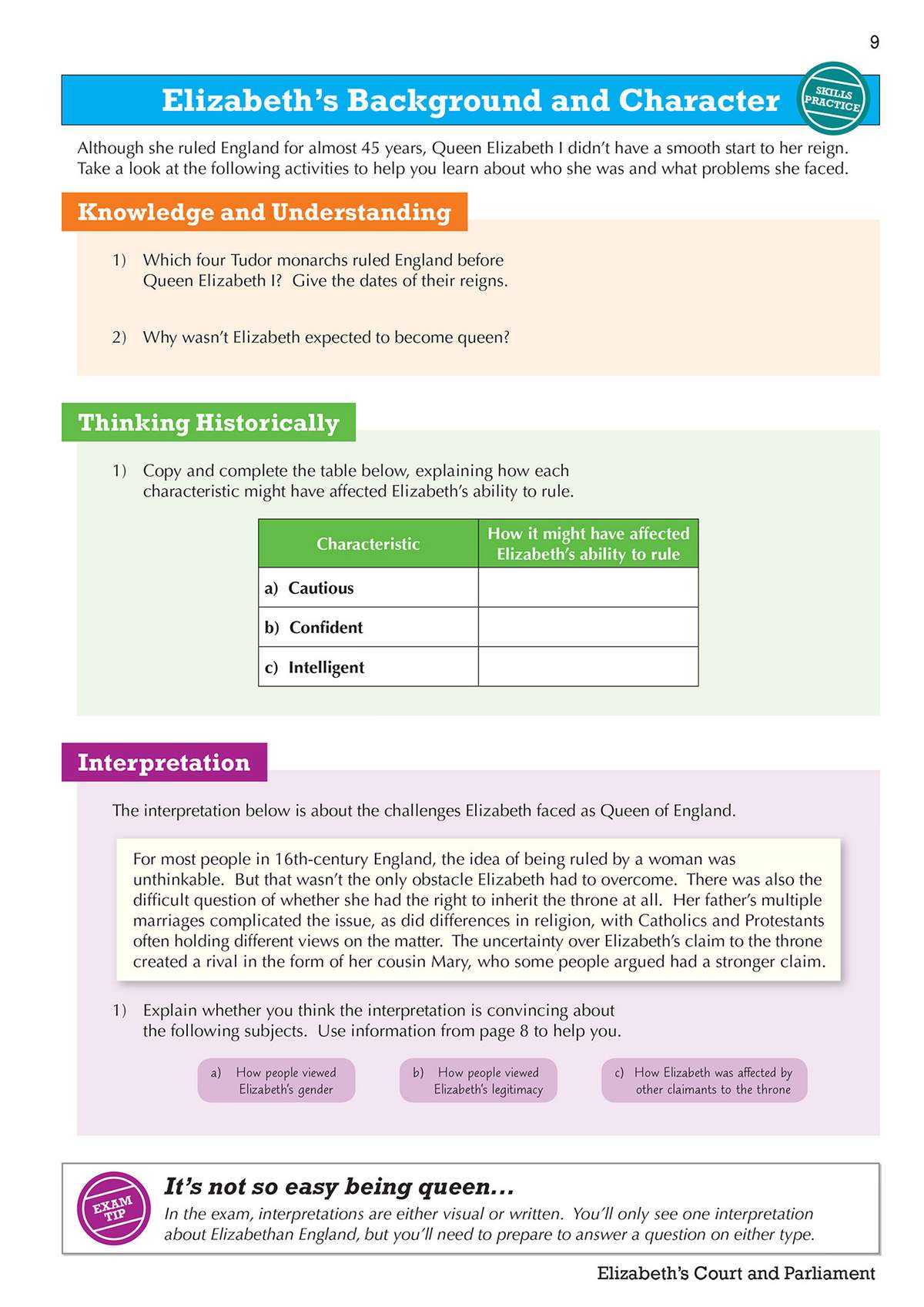 Students answer questions about Tudor monarchs and complete a table on Elizabeth's character