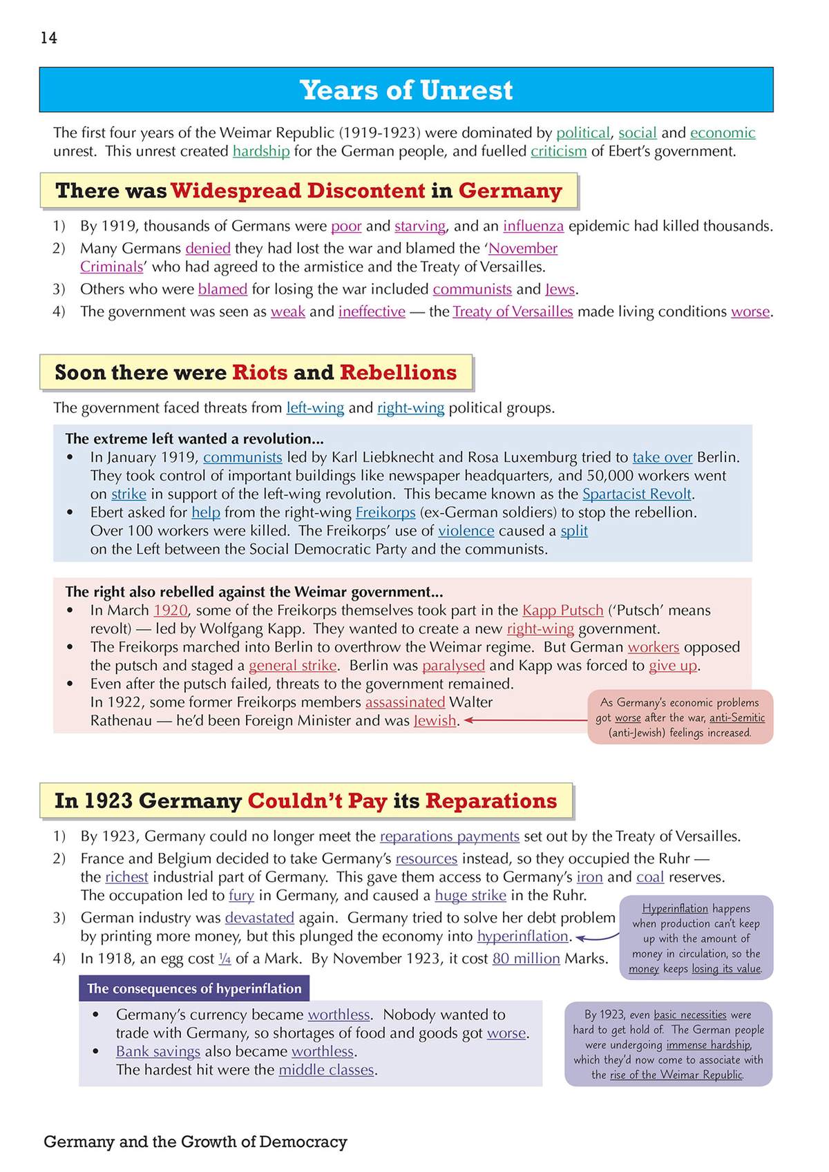 A detailed explanation of political and economic unrest in the Weimar Republic, covering riots, rebellions and hyperinflation