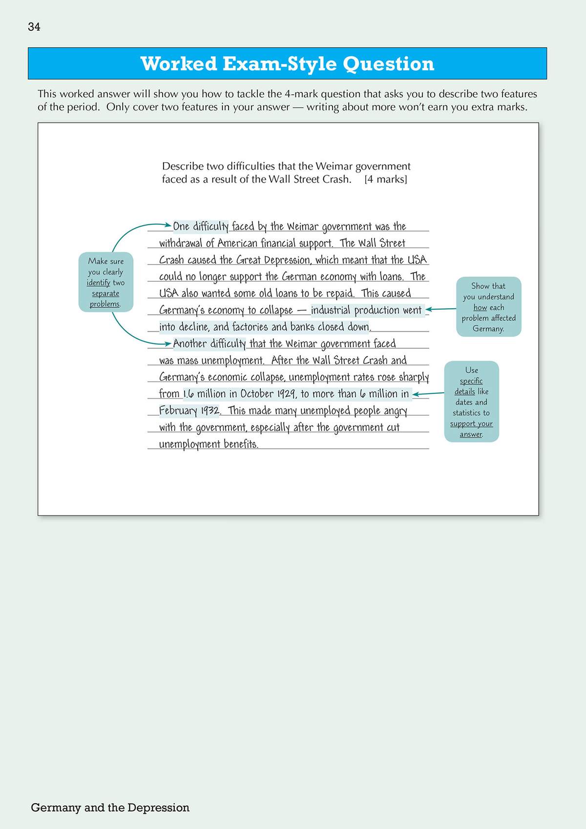 A worked answer shows how to describe two Weimar difficulties, with tips on identifying problems and using statistics