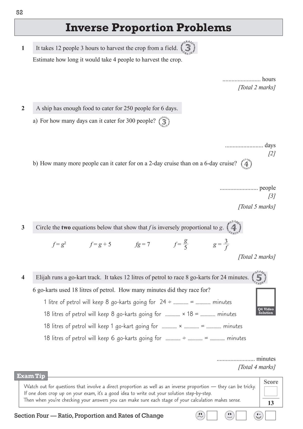 Four questions on inverse proportion, including word problems and equations to circle, with a video solution box