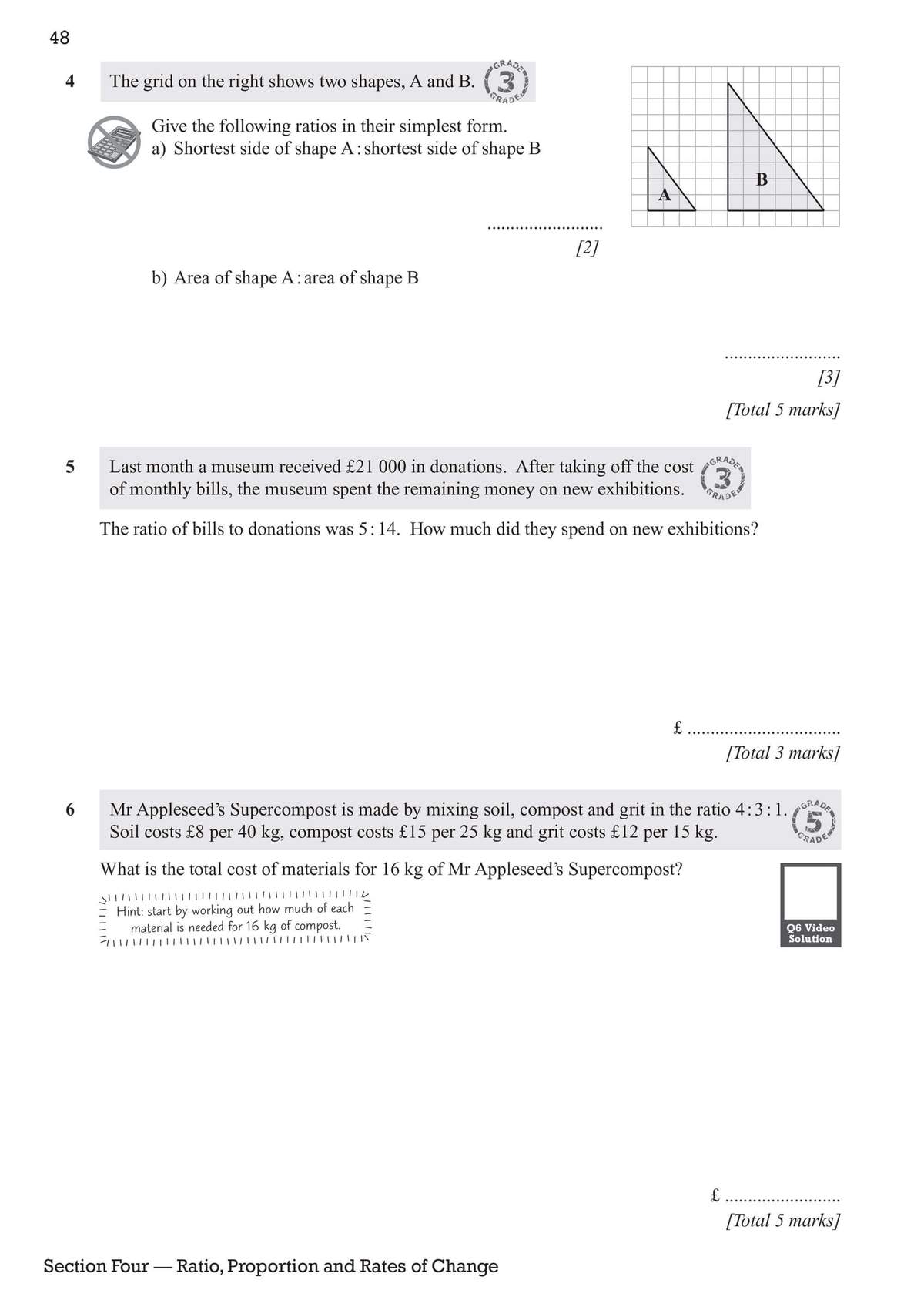 Three questions on ratios and proportions, including a grid diagram and a word problem about calculating costs