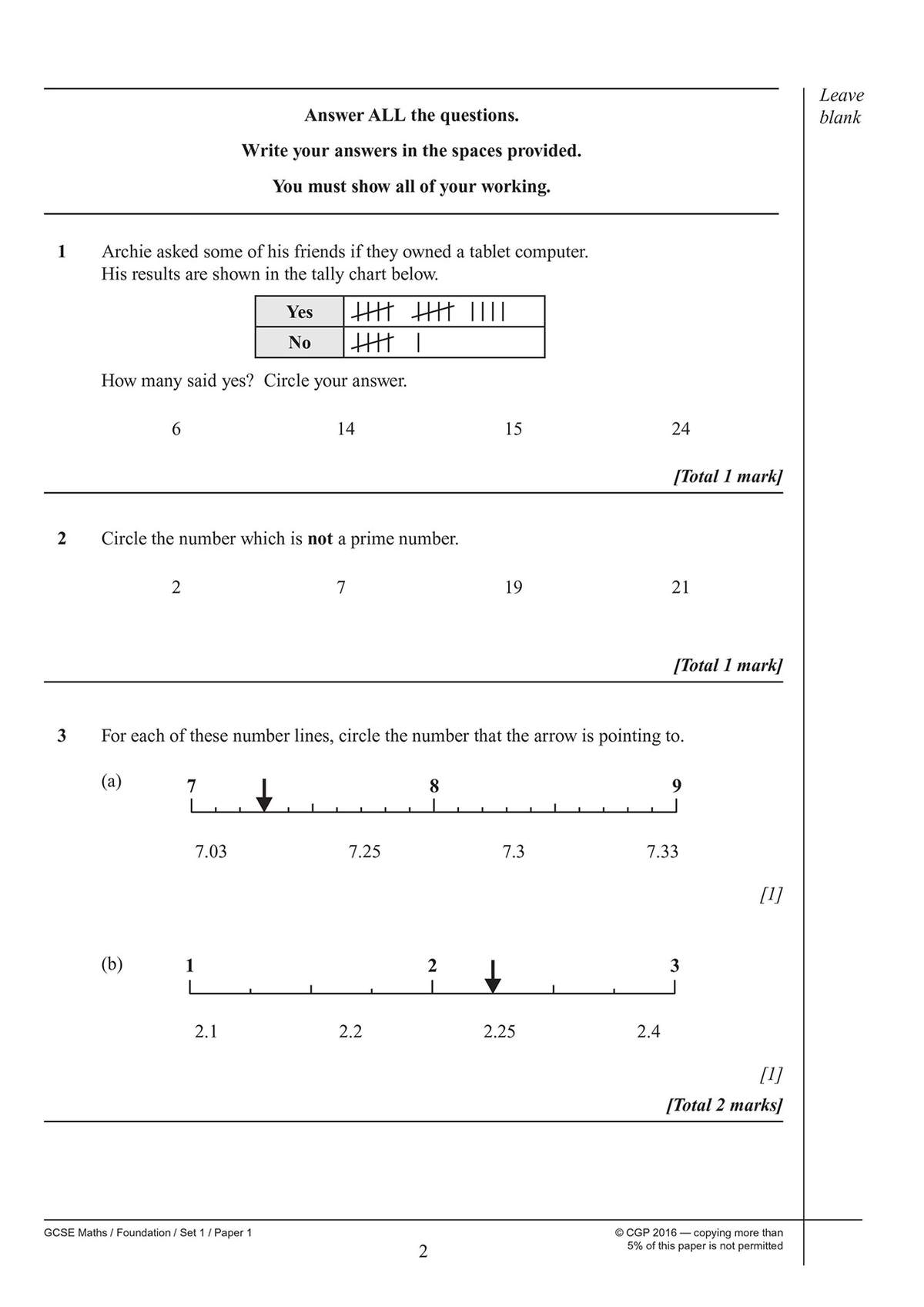 Three questions on tally charts and number lines, requiring students to circle answers and show working
