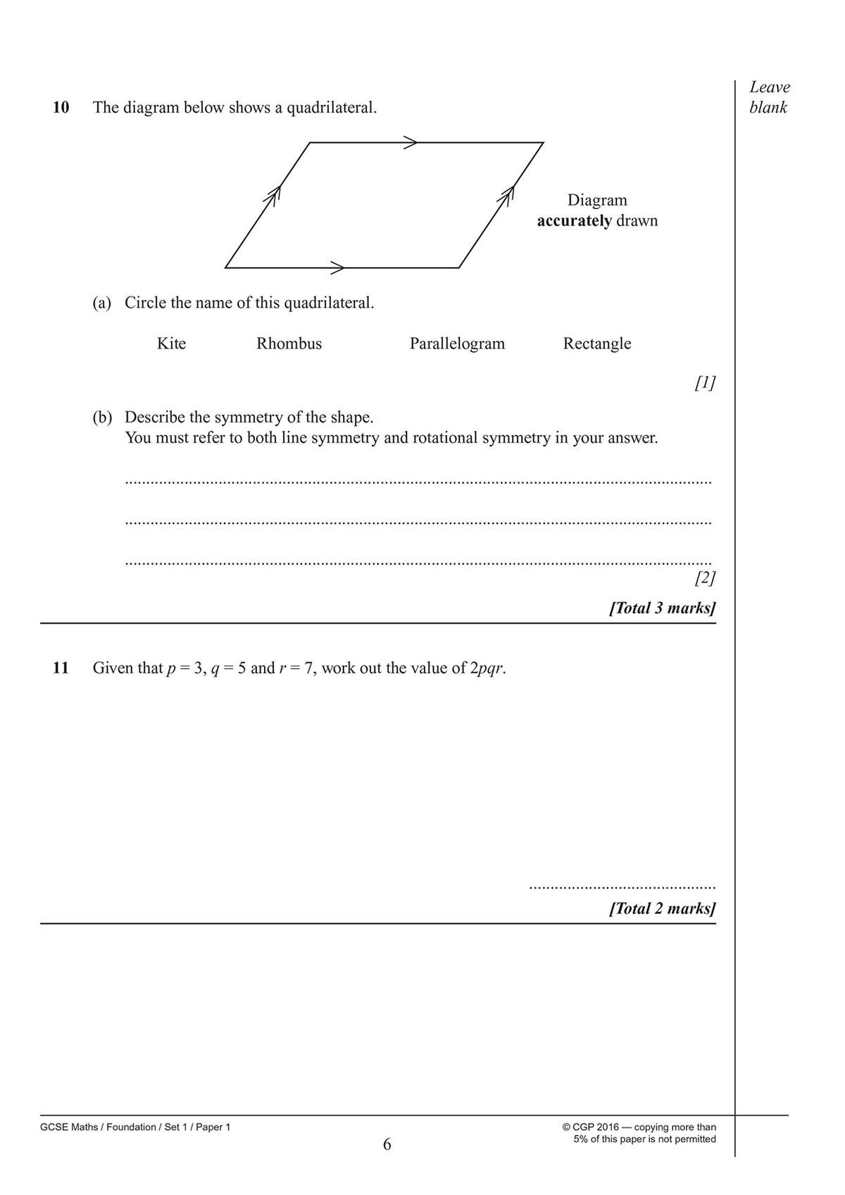 Two questions on quadrilaterals and algebra, including a diagram to circle and a calculation to solve