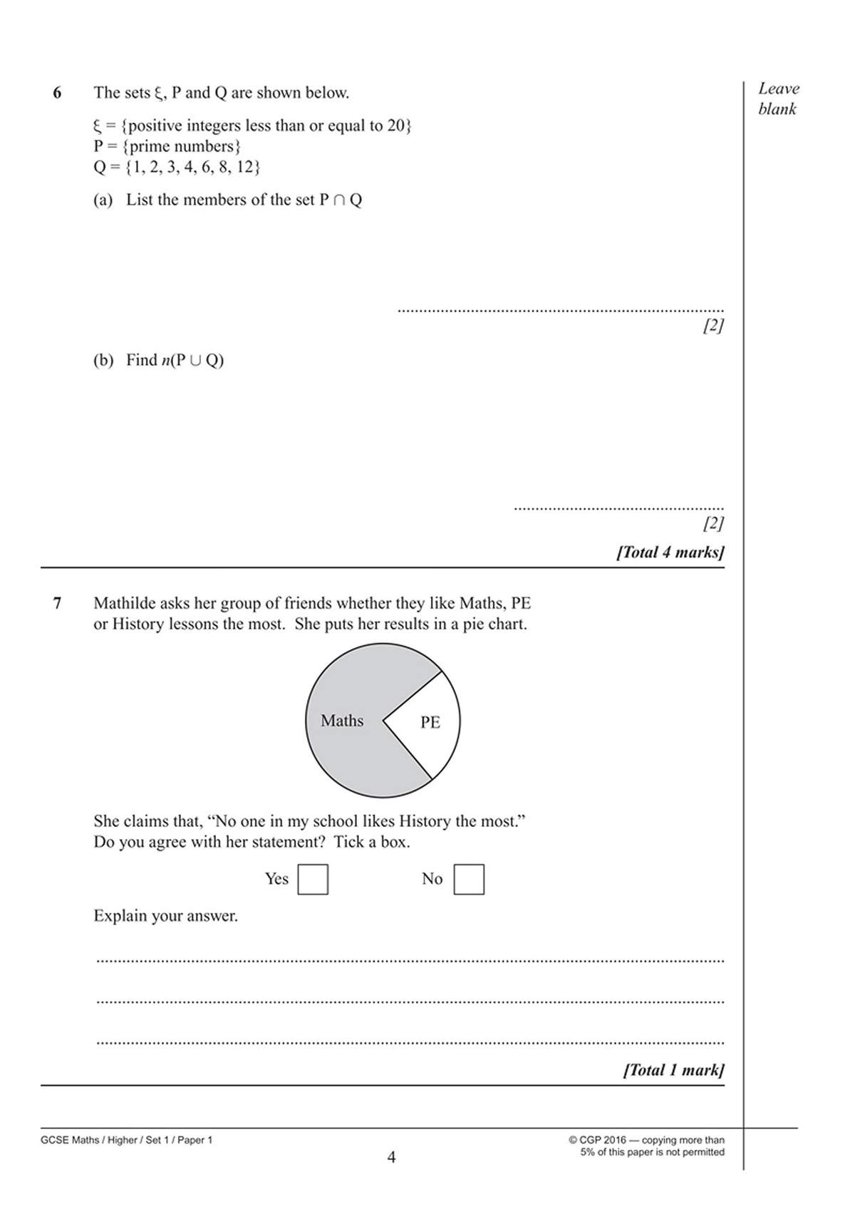 Students interpret a pie chart and set notation to answer questions on intersections, unions and data analysis