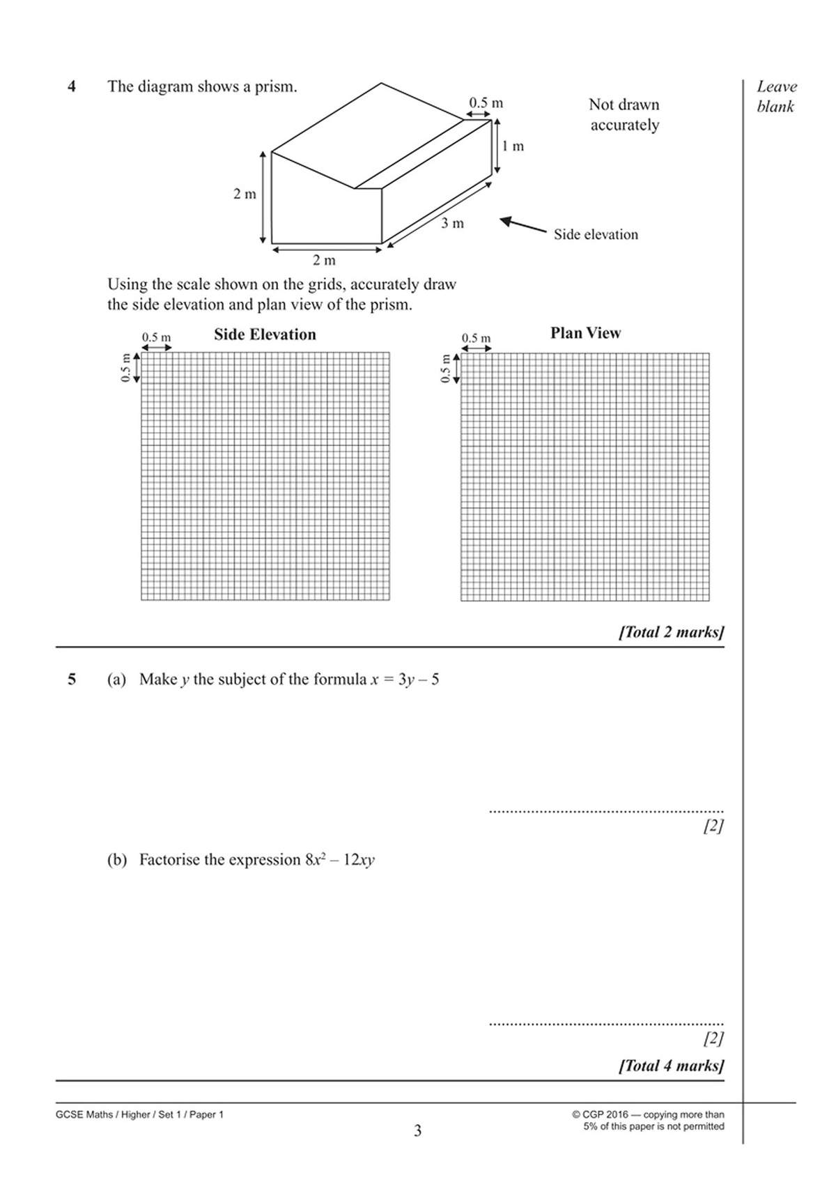 A geometry question asks students to draw a side elevation and plan view of a prism
