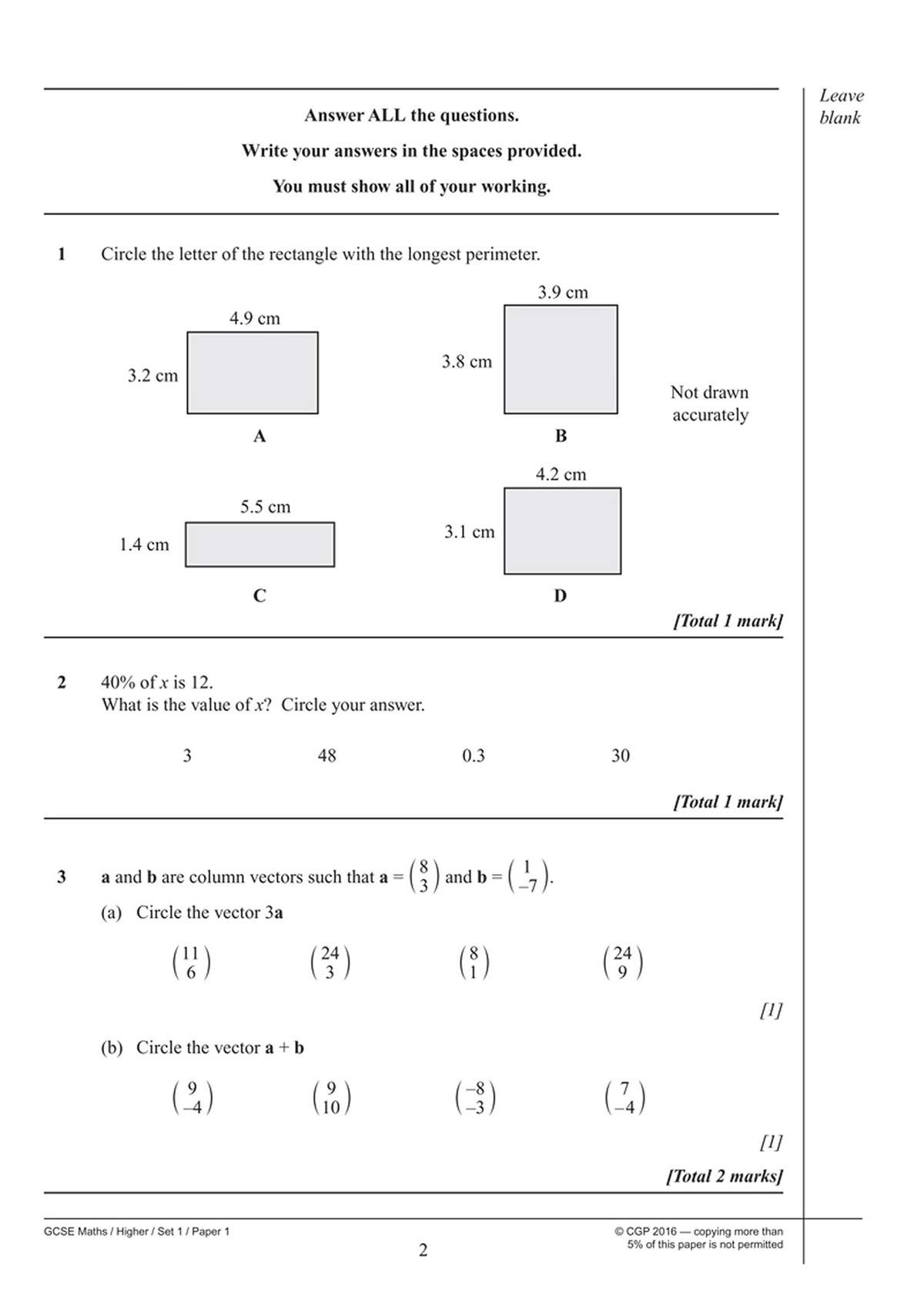 Three questions on perimeters, percentages and vectors, requiring circle selections and written calculations