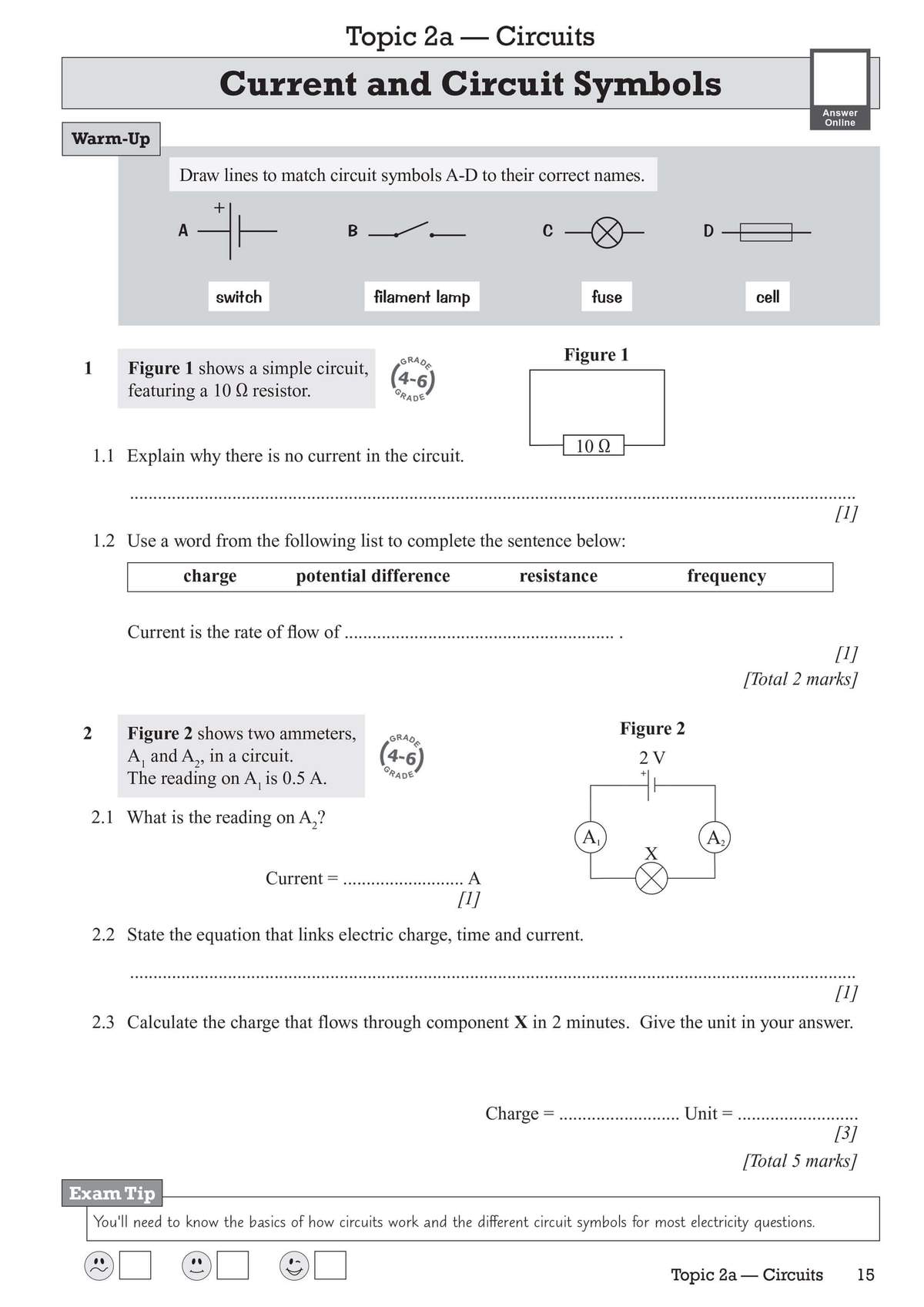 Students match circuit symbols, explain why current stops, and calculate charge flowing through a circuit