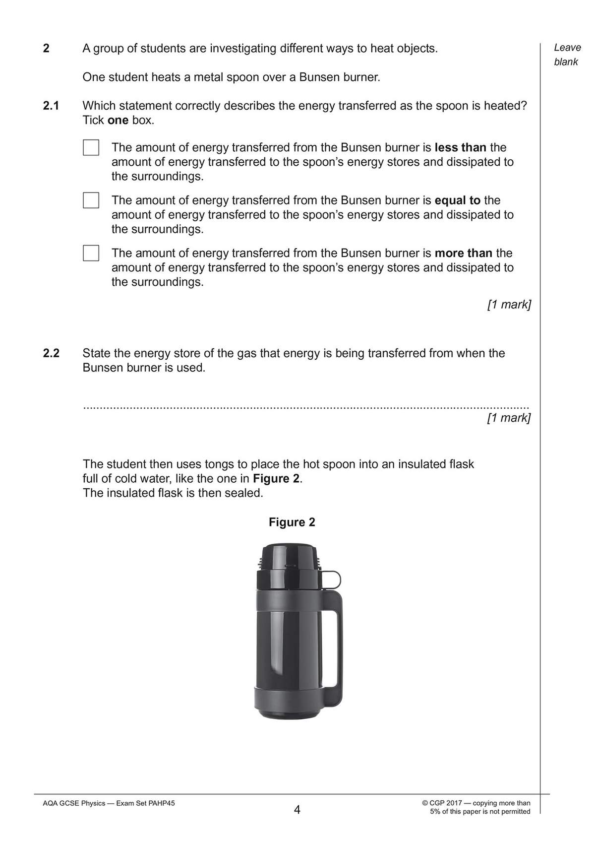 A question on energy transfer when heating a spoon, with a multiple-choice box to tick and a short answer line to complete