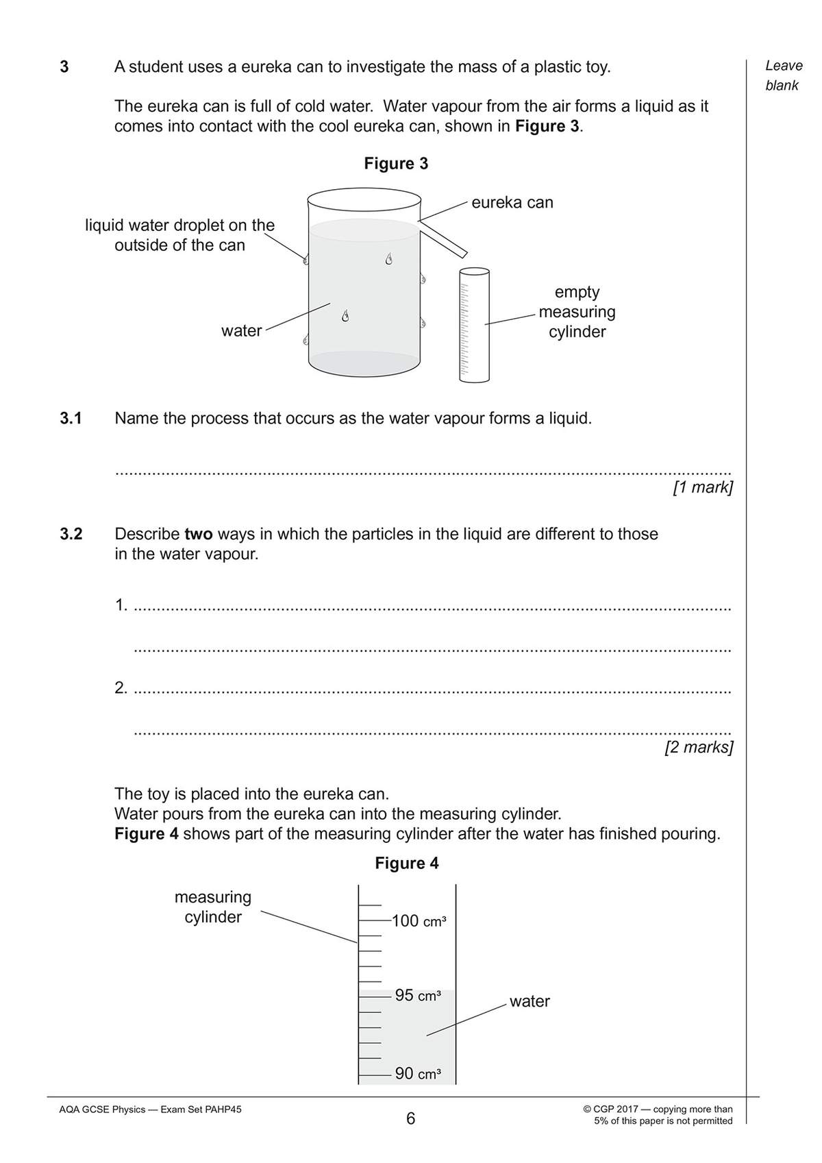 Students answer two questions about condensation and particle states, using a diagram of a eureka can and a measuring