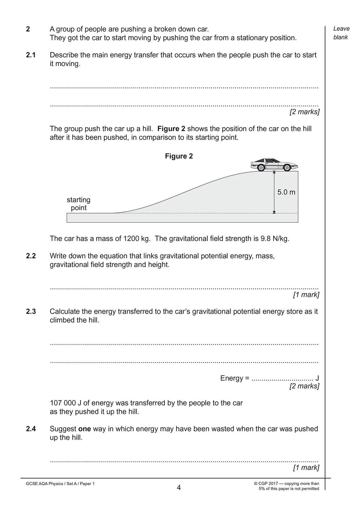 Four questions on energy transfer and gravitational potential energy, including a diagram of a car on a hill and