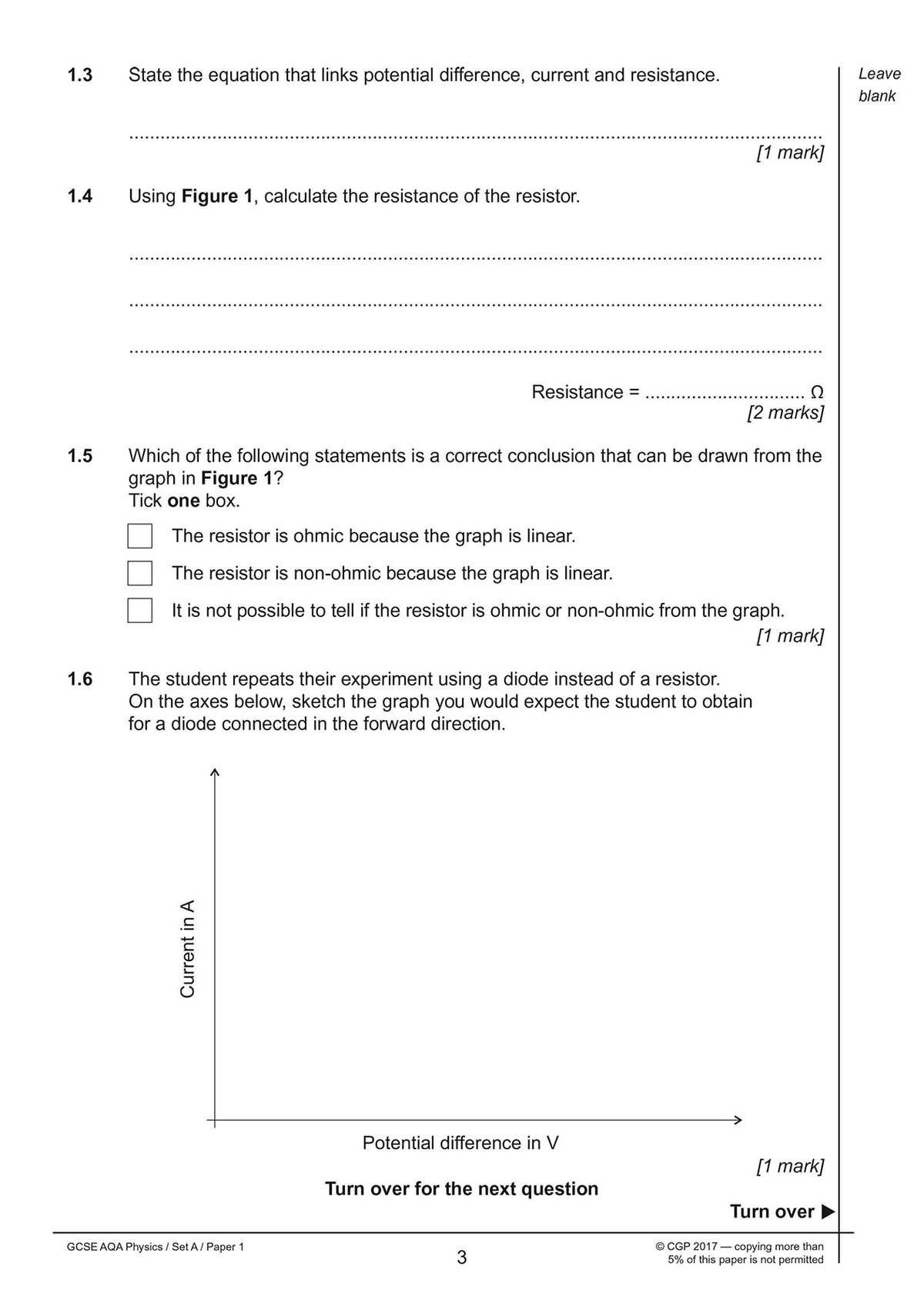 Students state the potential difference equation, calculate resistance from a graph