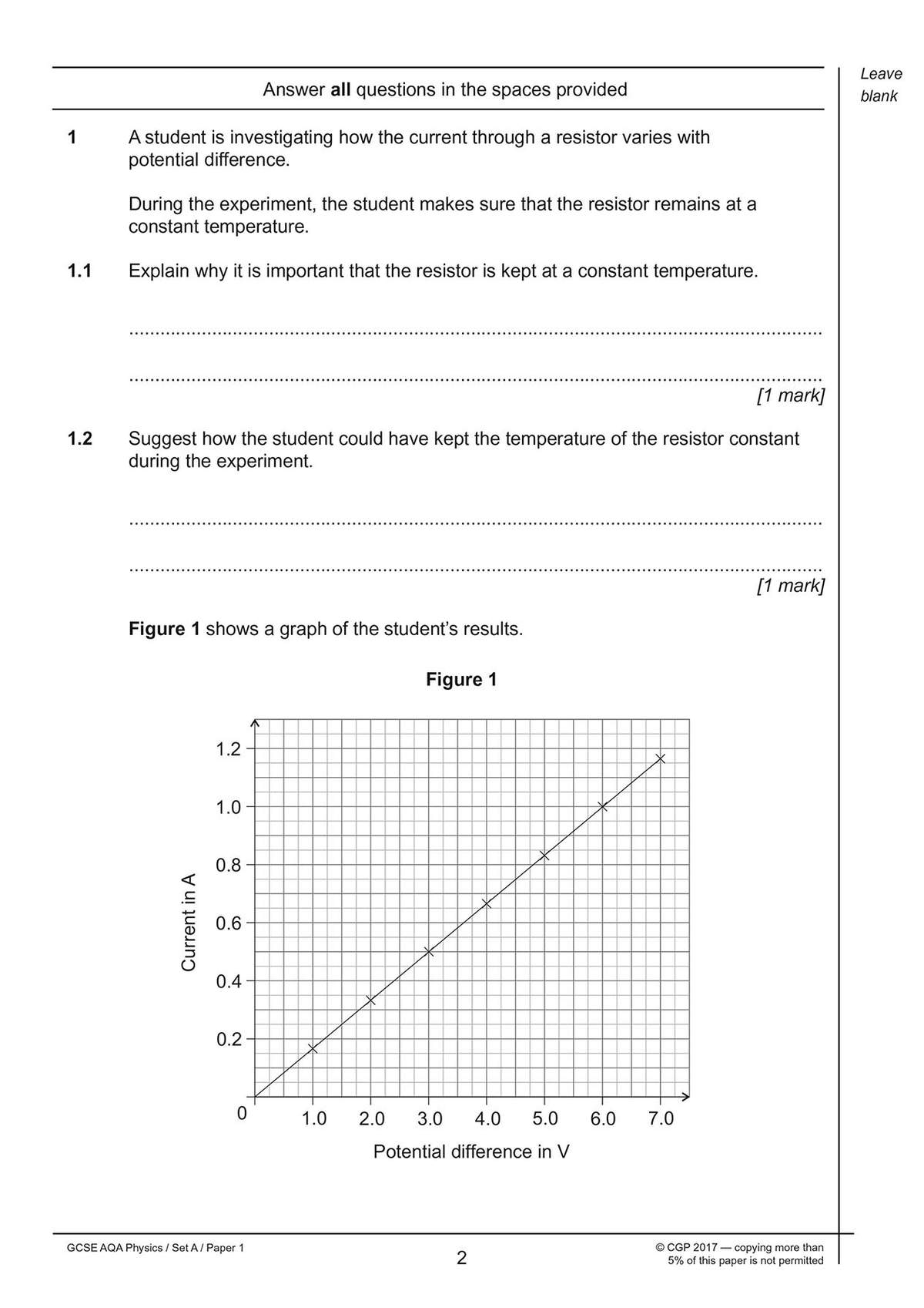 Two short questions on experimental control and a graph to interpret, testing understanding of Ohm's Law