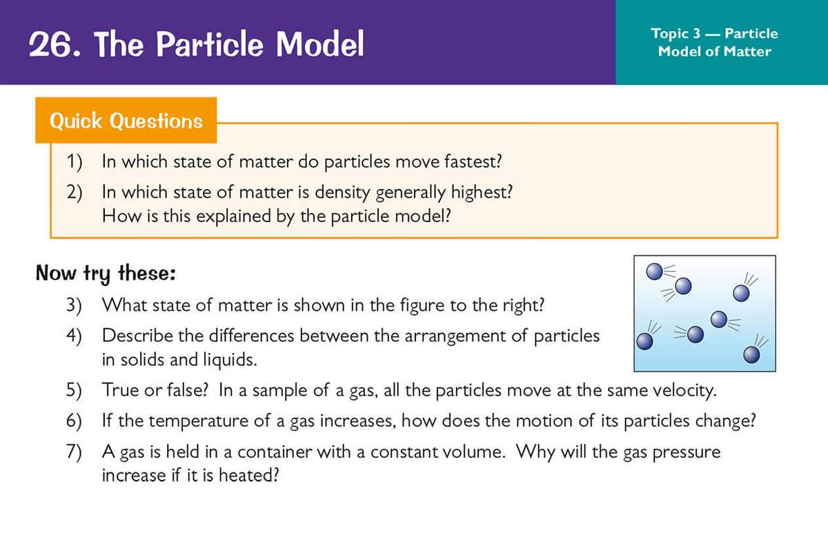Seven questions on the particle model, including a diagram to identify and a true or false statement to evaluate