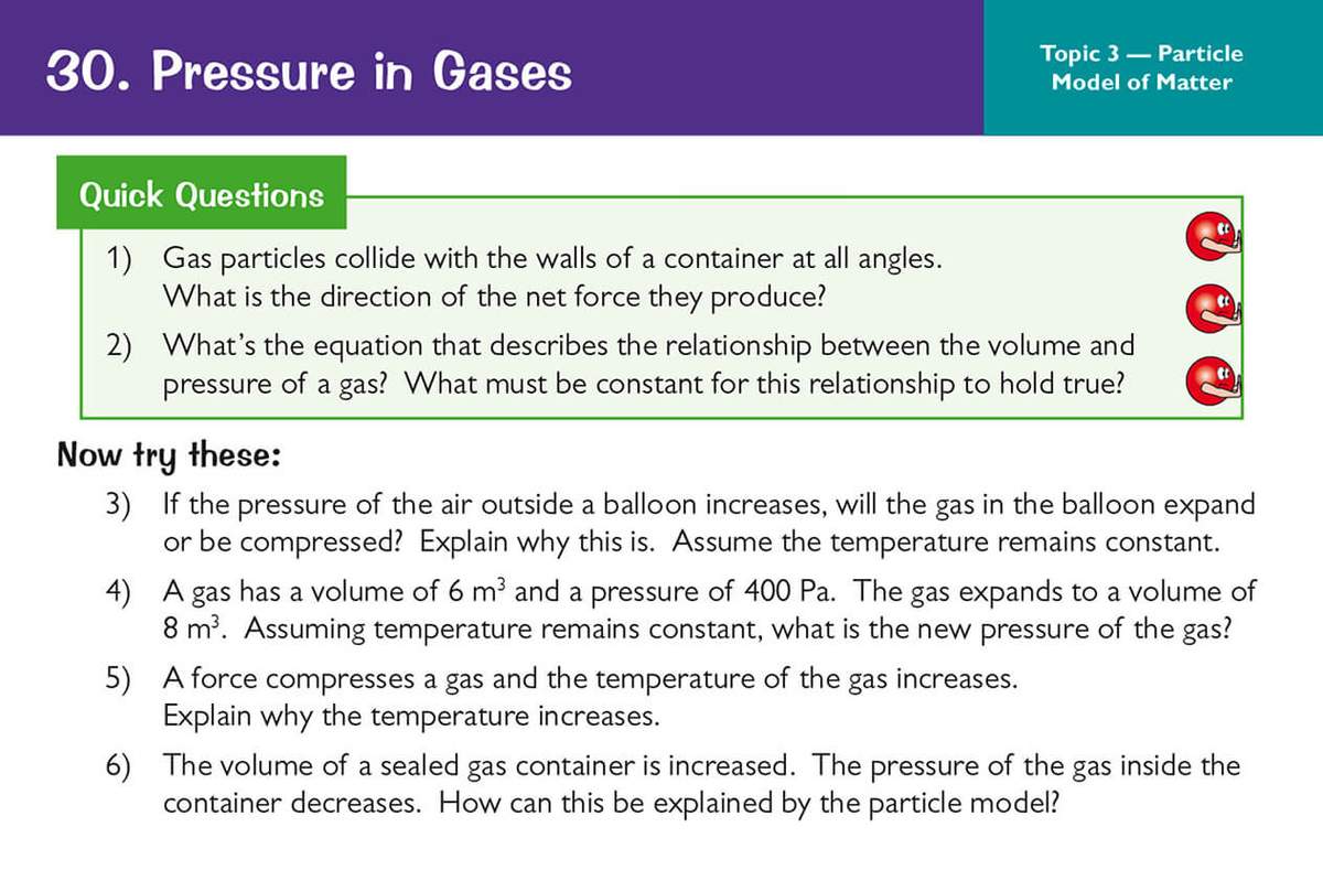 Six questions on gas pressure and volume, including a calculation and explanations using the particle model