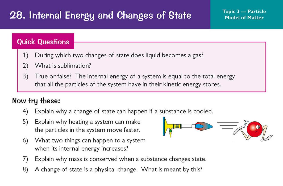 Eight questions on internal energy and changes of state, including true/false and short explanations