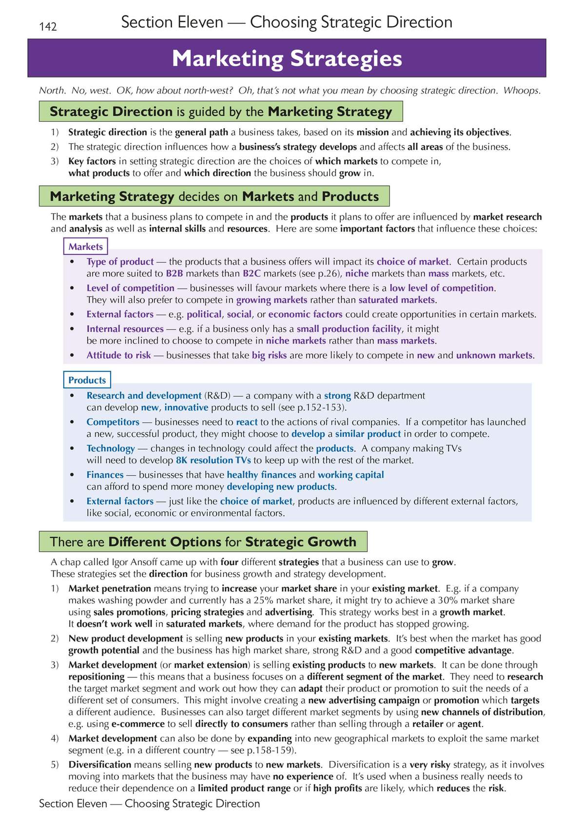 A text-heavy page explaining how marketing strategy guides business direction and lists five options for strategic growth