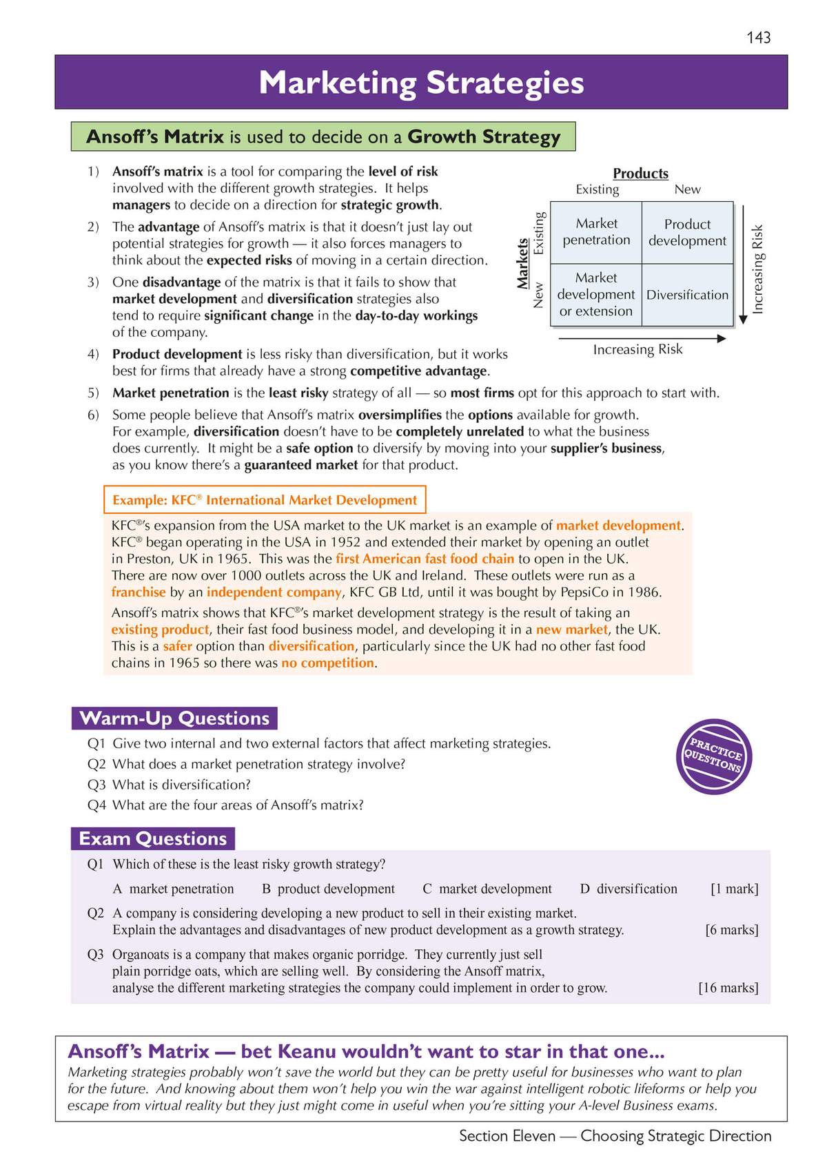 A page explaining Ansoff's matrix with a worked example, followed by warm-up and exam questions on marketing strategies