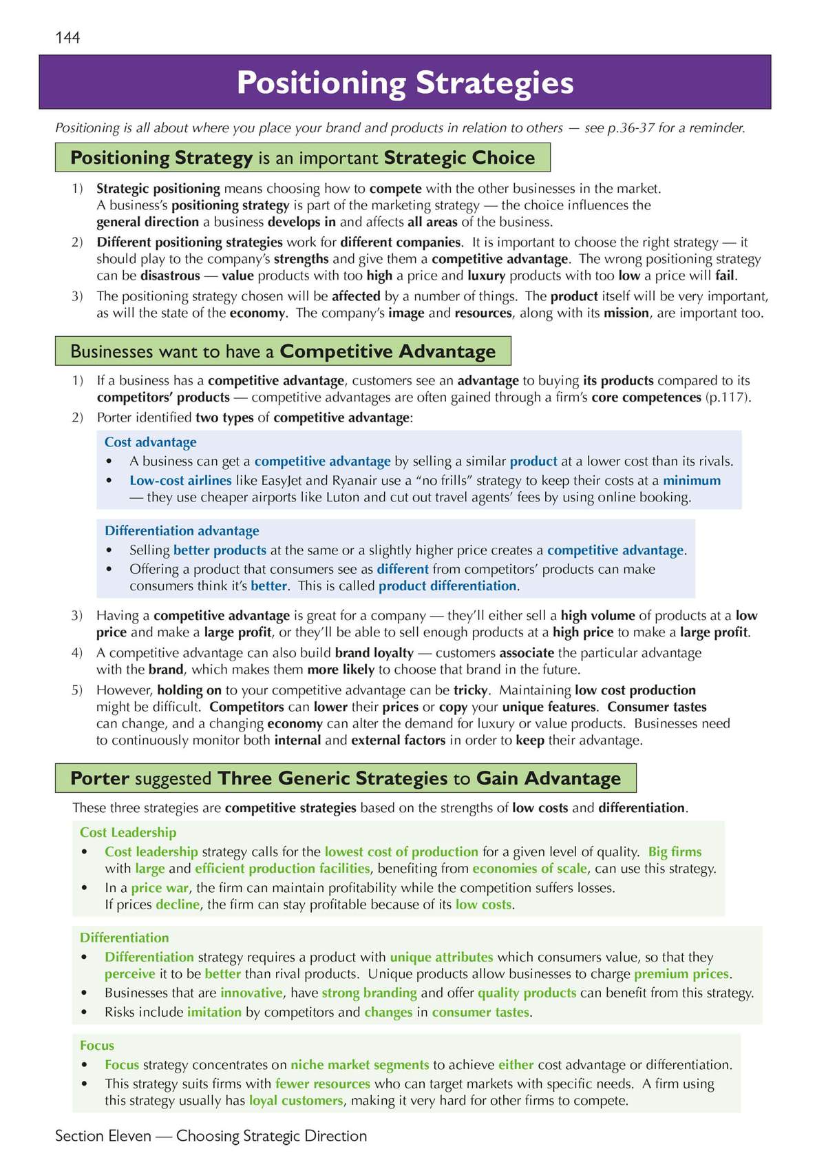 A text-heavy page explaining positioning strategies, competitive advantage, and Porter's generic strategies for business
