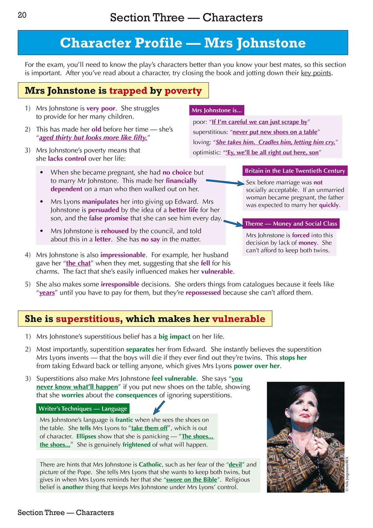 Detailed notes on Mrs Johnstone's poverty, superstition and vulnerability, with a photo of the actress and boxes on writer