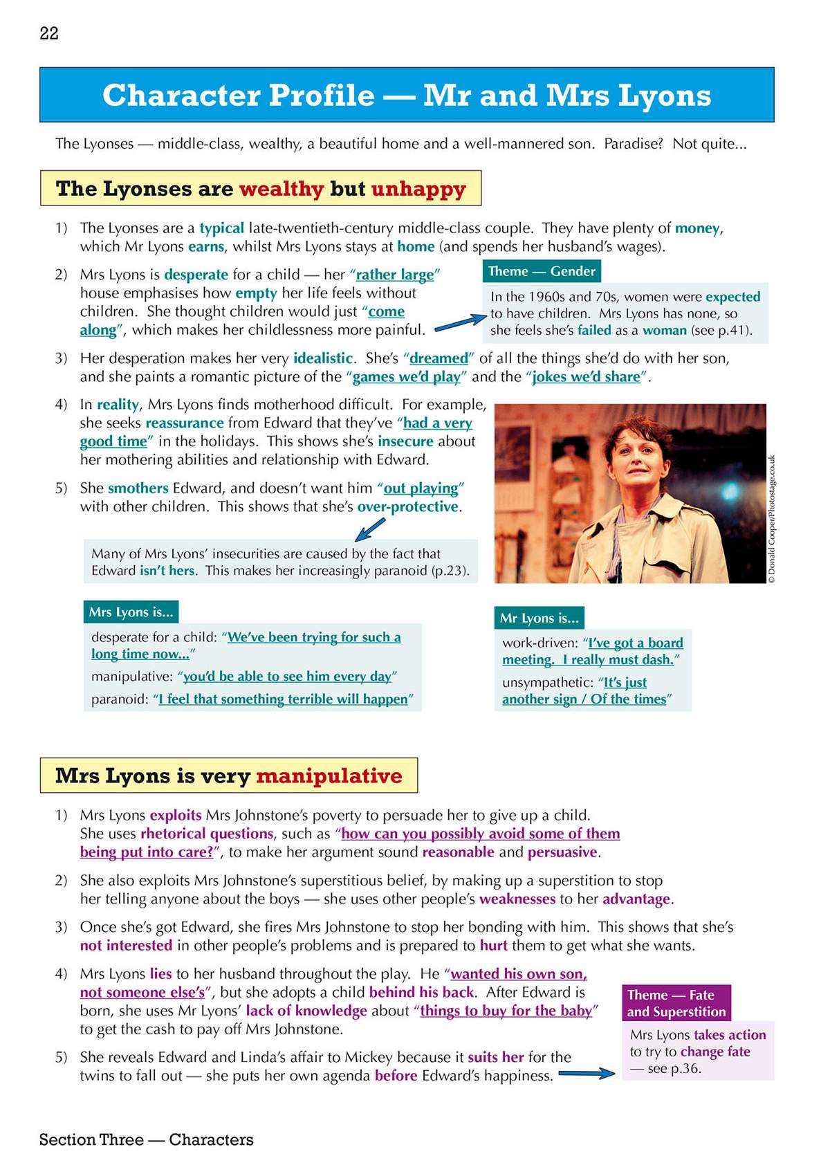 Detailed notes on Mrs Lyons' character, including her wealth, insecurities, and manipulative tactics