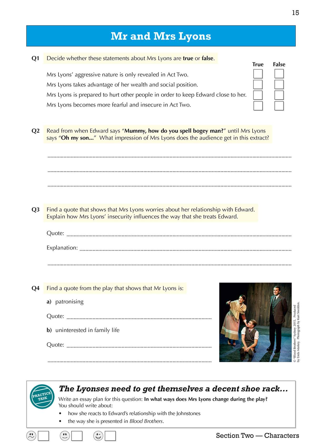 Four questions on Mrs and Mr Lyons, including true/false statements, quote-finding, and an essay plan, with a stage photo