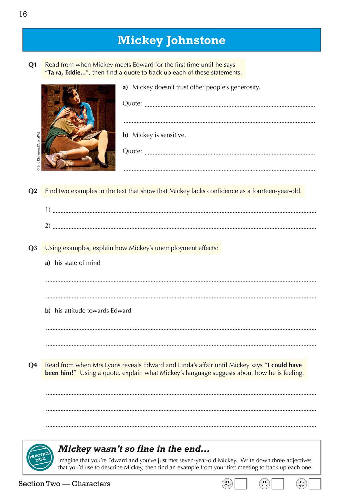 Four questions on Mickey Johnstone require students to find quotes, explain his state of mind