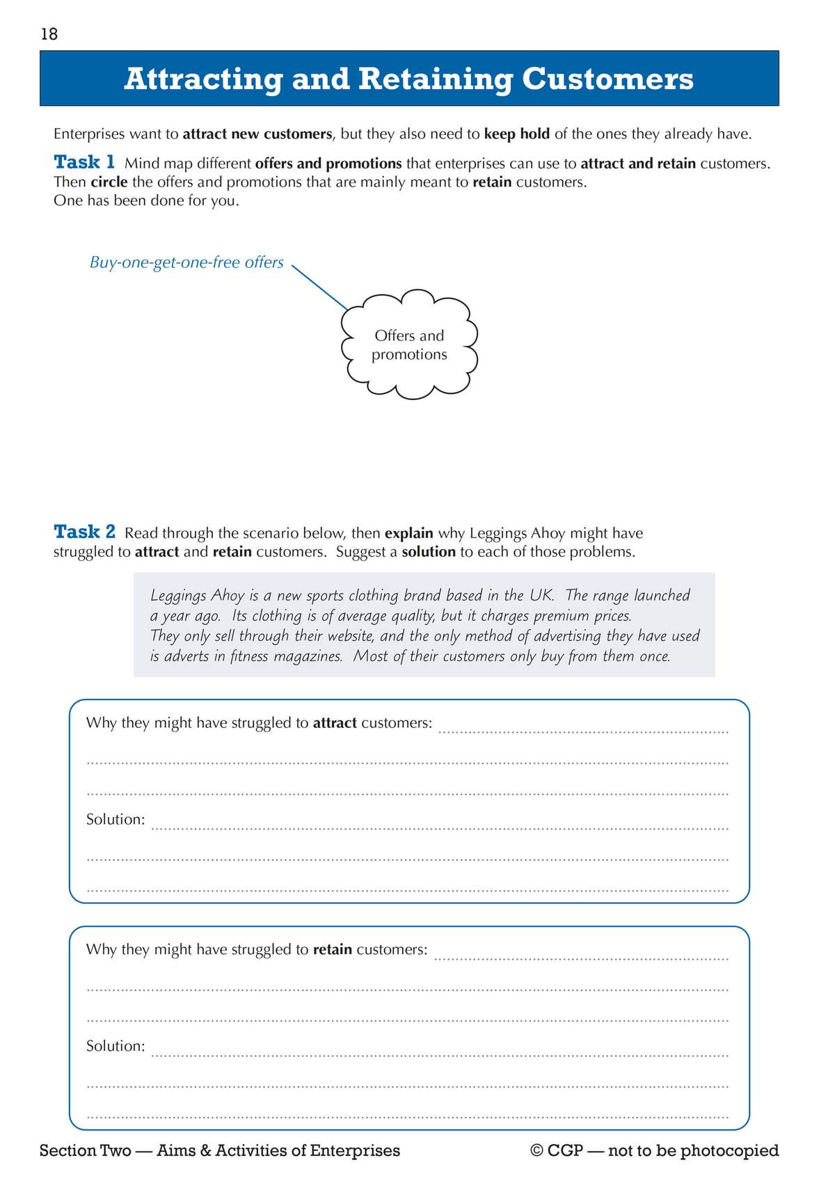 Students read a scenario about a clothing brand and write reasons for its struggles plus solutions to attract and retain