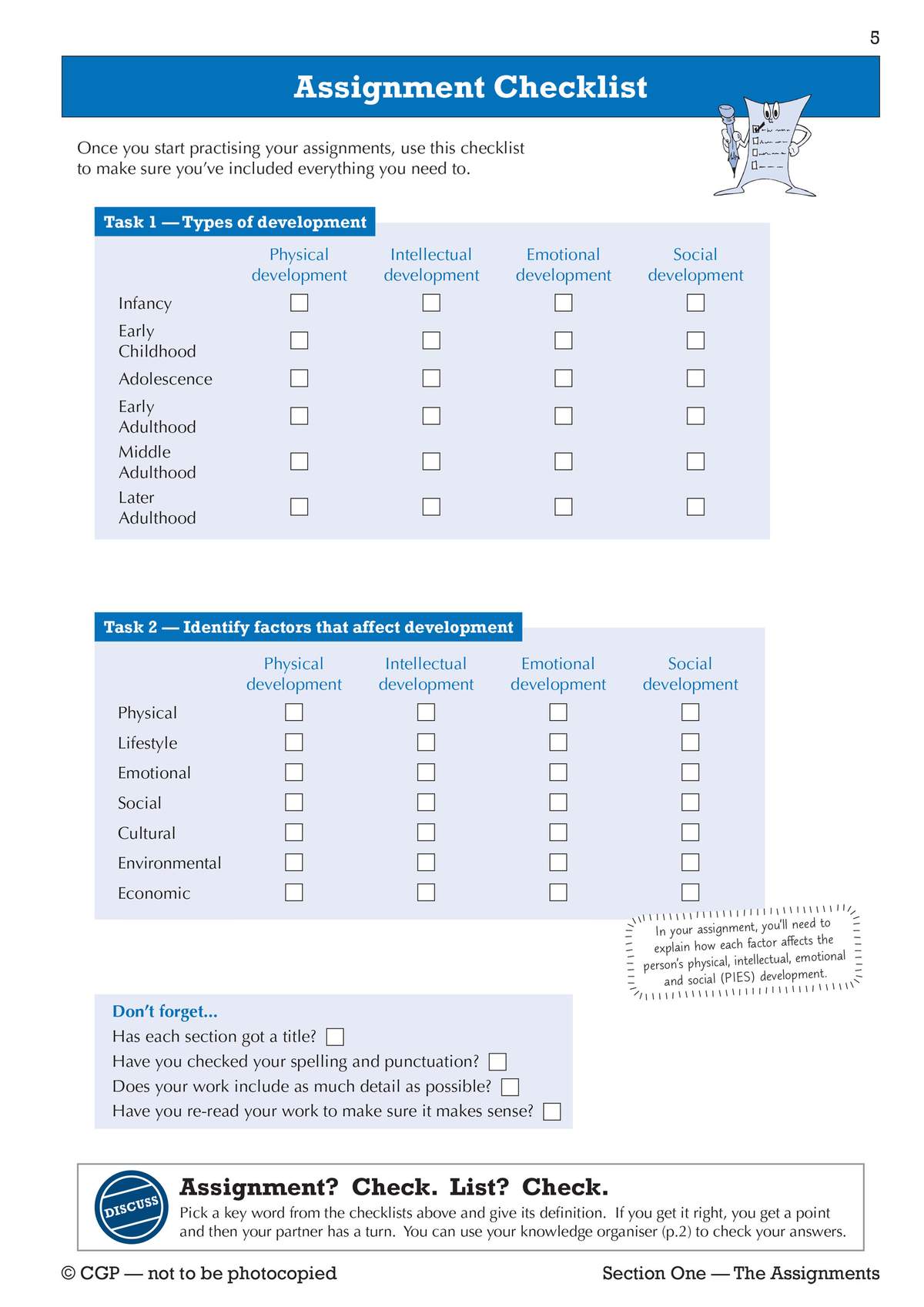 A checklist for students to tick off assignment requirements and define key words for a partner