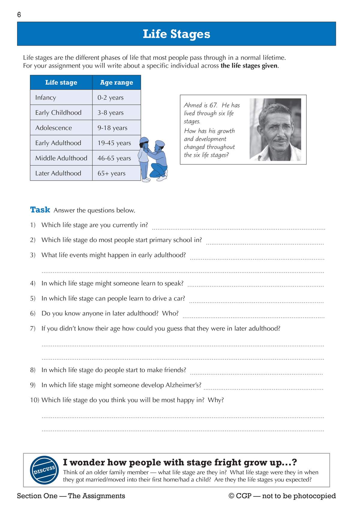 Students answer ten questions about life stages, using a provided table and a photo of an older man to guide their thinking