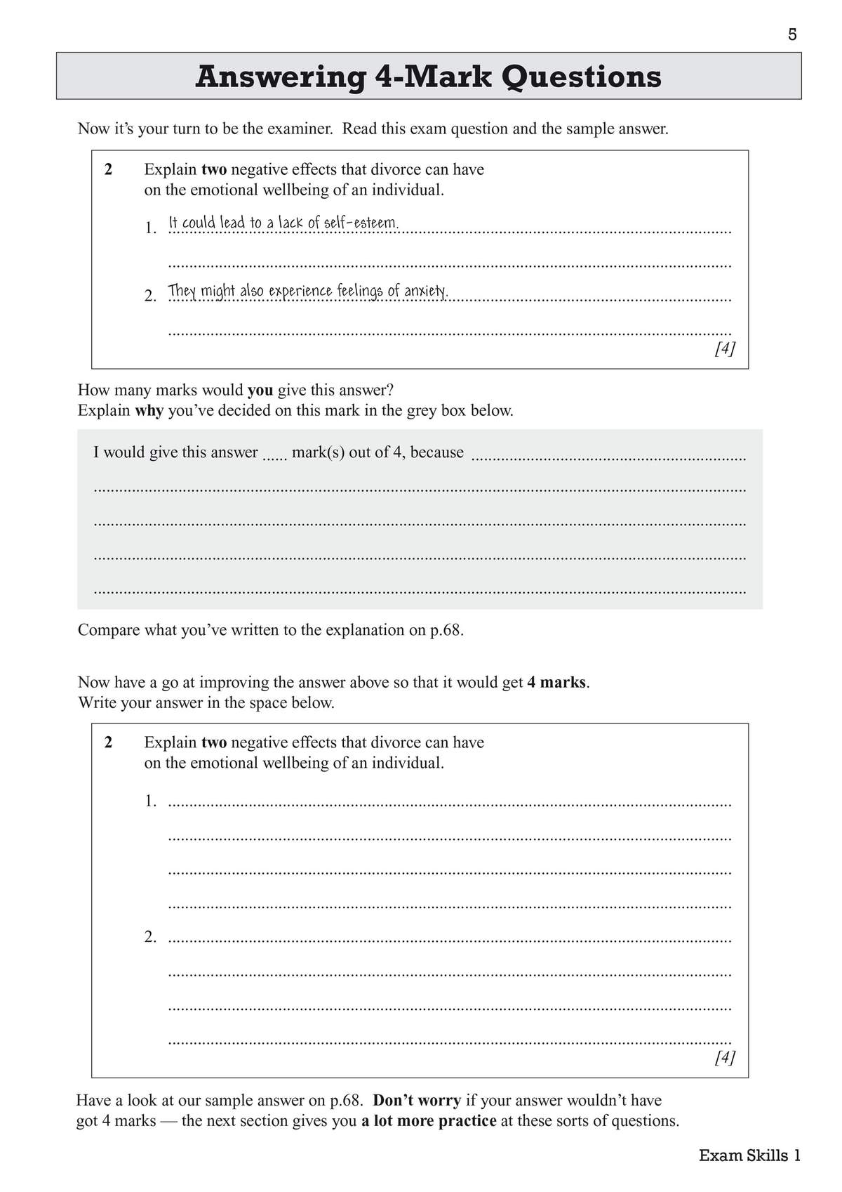 A page where pupils grade a sample answer and then write their own improved response to a 4-mark question on divorce
