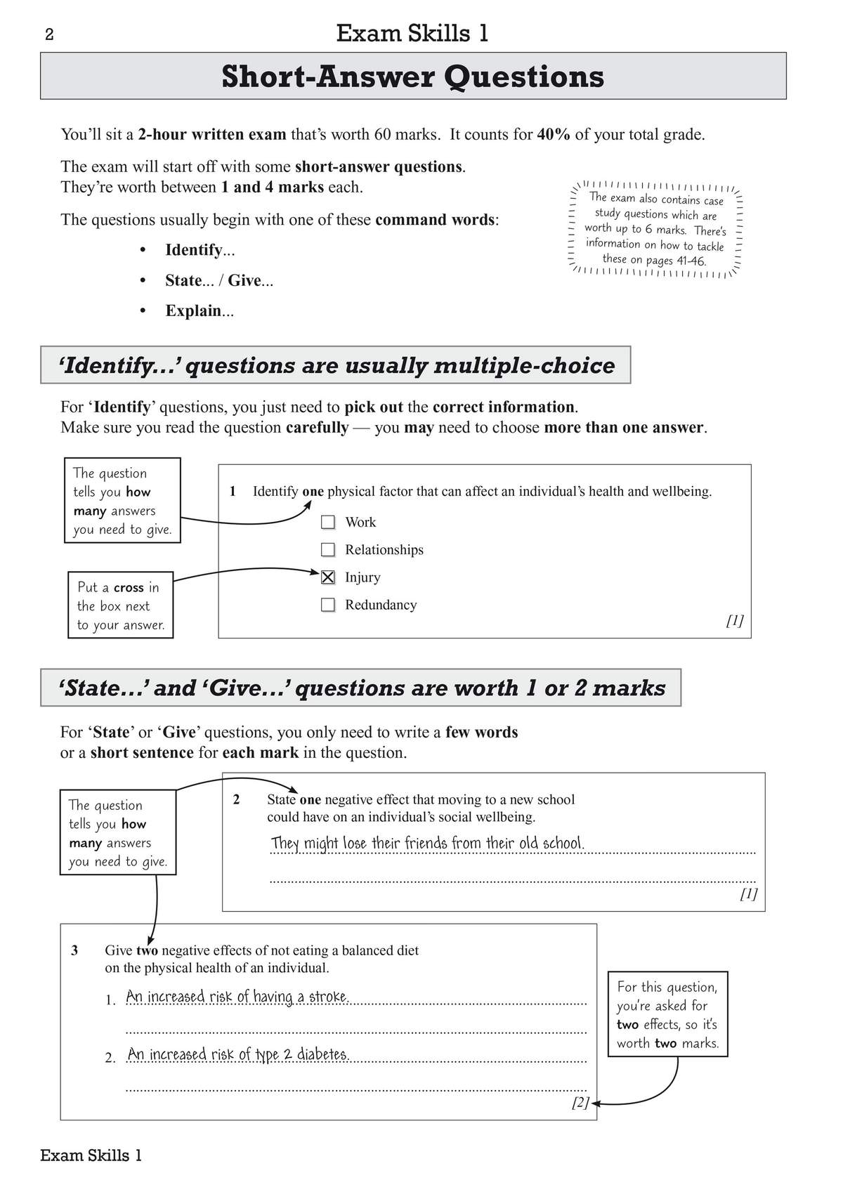 This page explains how to answer short-answer questions, showing worked examples with command words like 'Identify'