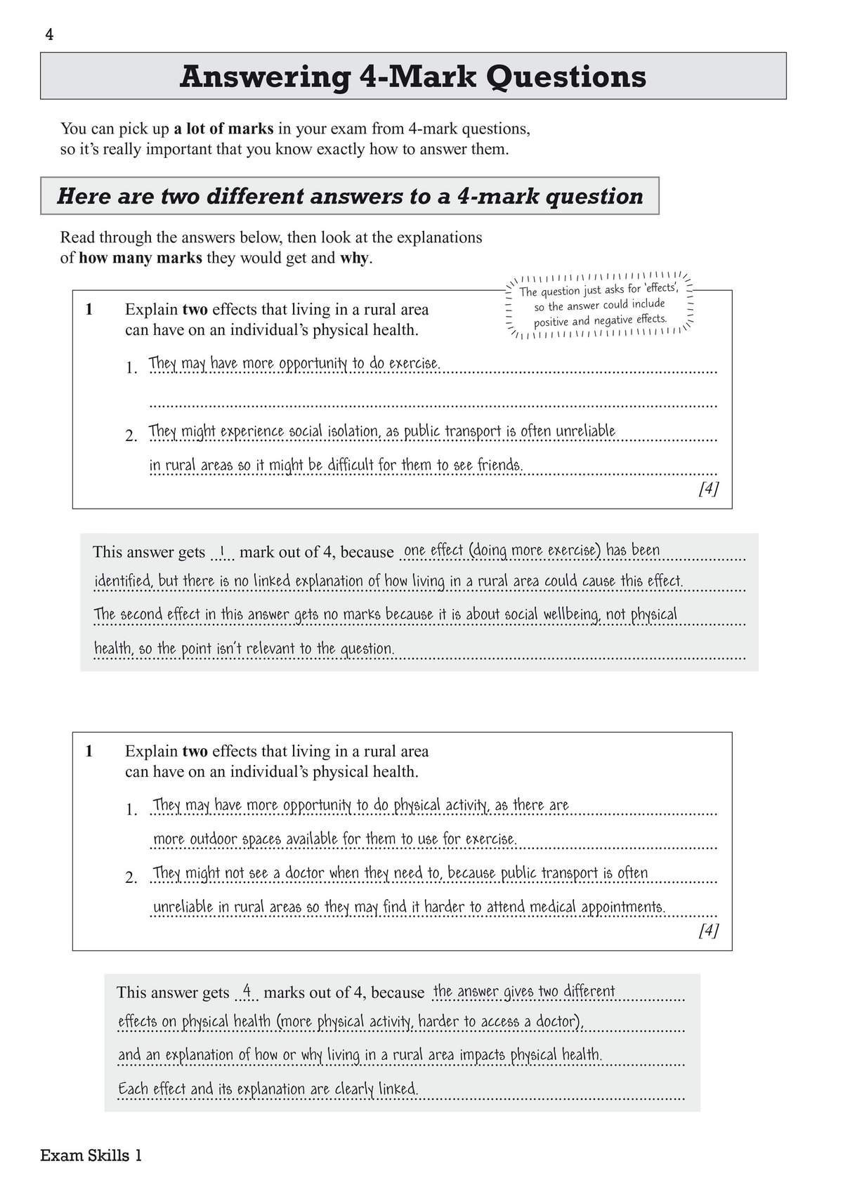 Two model answers for a 4-mark Health and Social Care question, with detailed mark schemes explaining why each point scores
