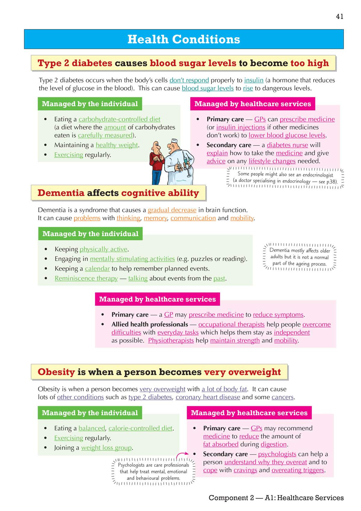 Clear notes on Type 2 diabetes, dementia and obesity, with bullet points on individual and healthcare management
