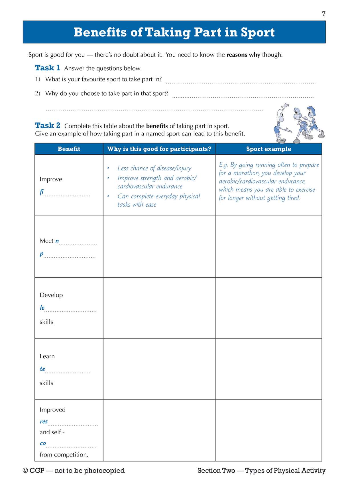 Students answer two questions about their favourite sport, then fill in a table linking benefits to examples