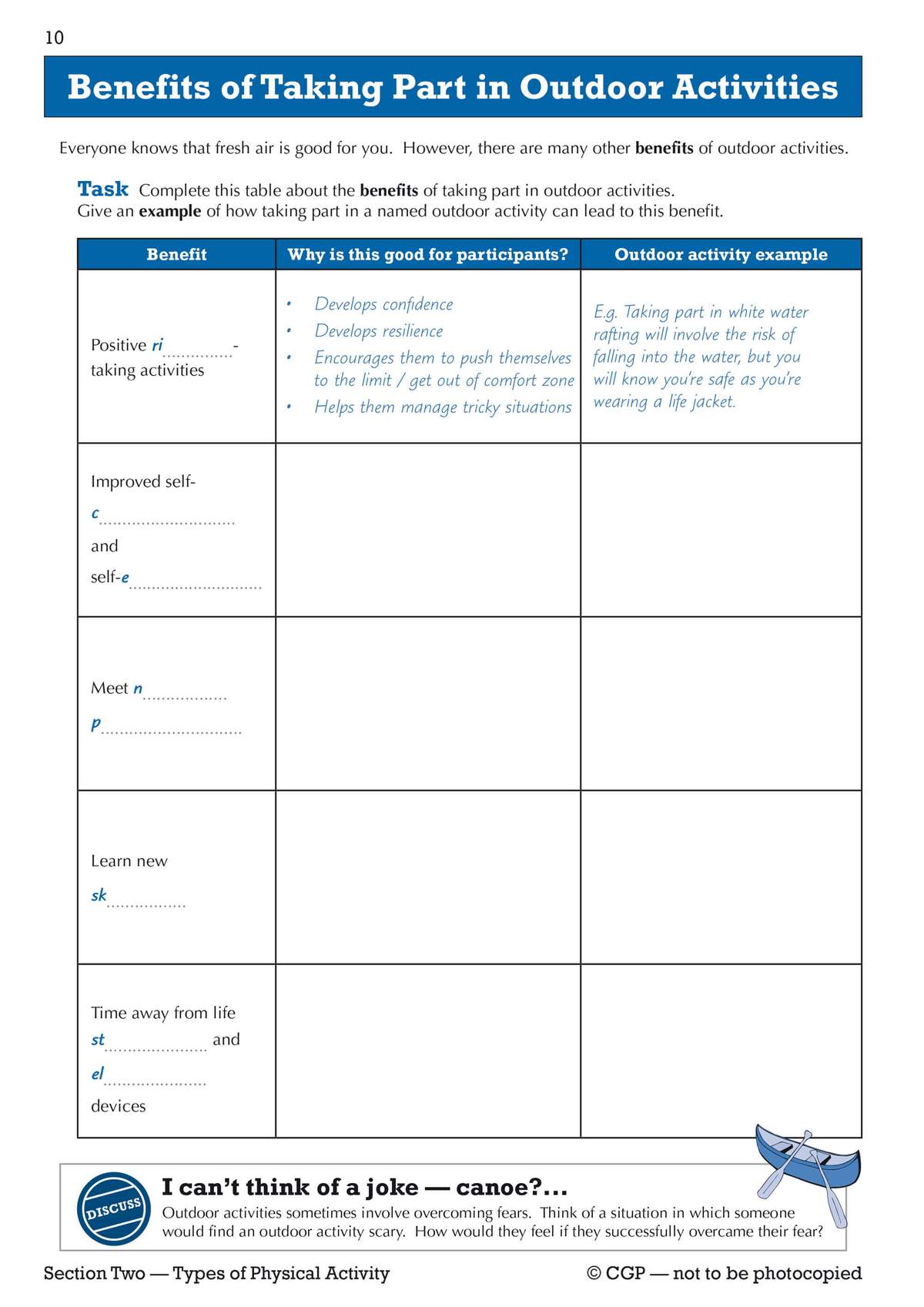 A table to complete with benefits of outdoor activities, requiring short written examples for each point